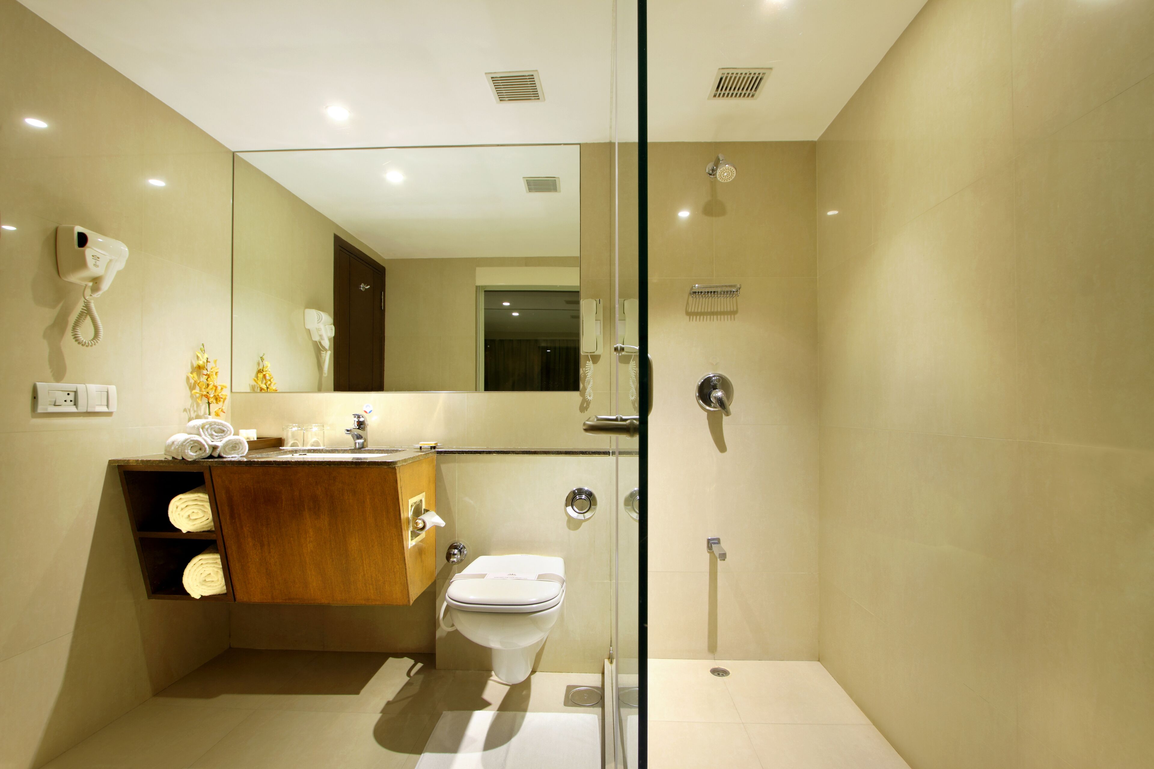 A modern bathroom with a glass-enclosed shower, a wooden vanity, and a toilet.