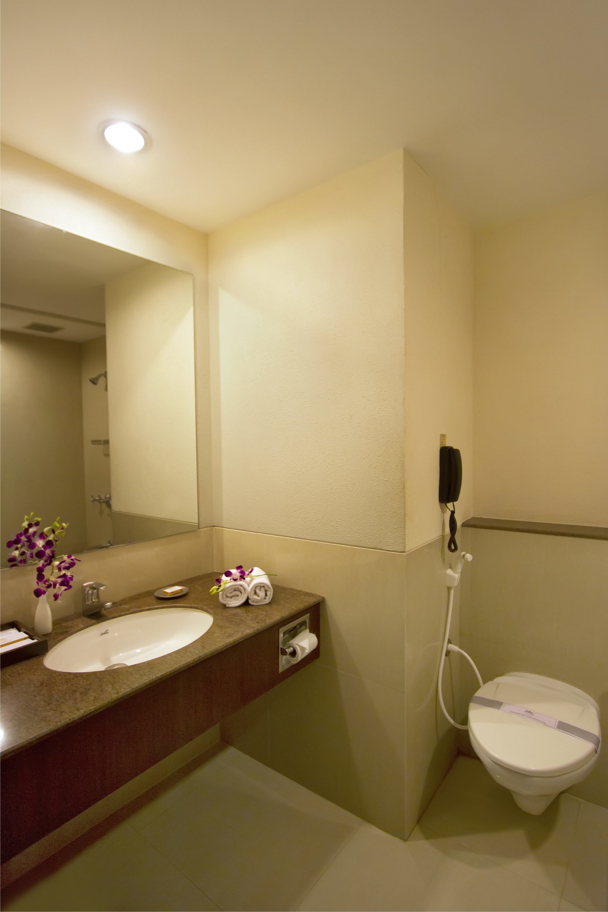 Un baño con lavamanos, espejo, inodoro y un teléfono colocado en la pared.