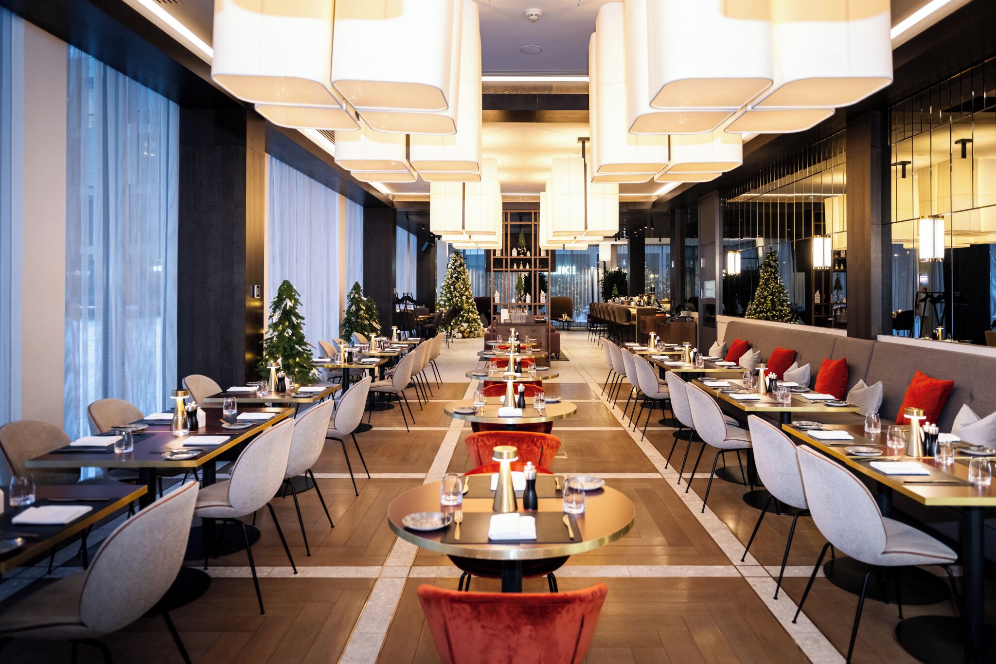 A modern dining area with long tables, chairs, and Christmas trees.