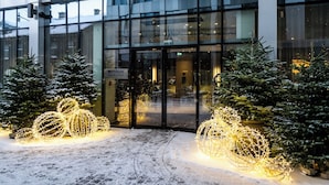 Une entrée moderne, avec des portes en verre, un sol recouvert de neige et des sapins de Noël décorés de guirlandes lumineuses sphériques.