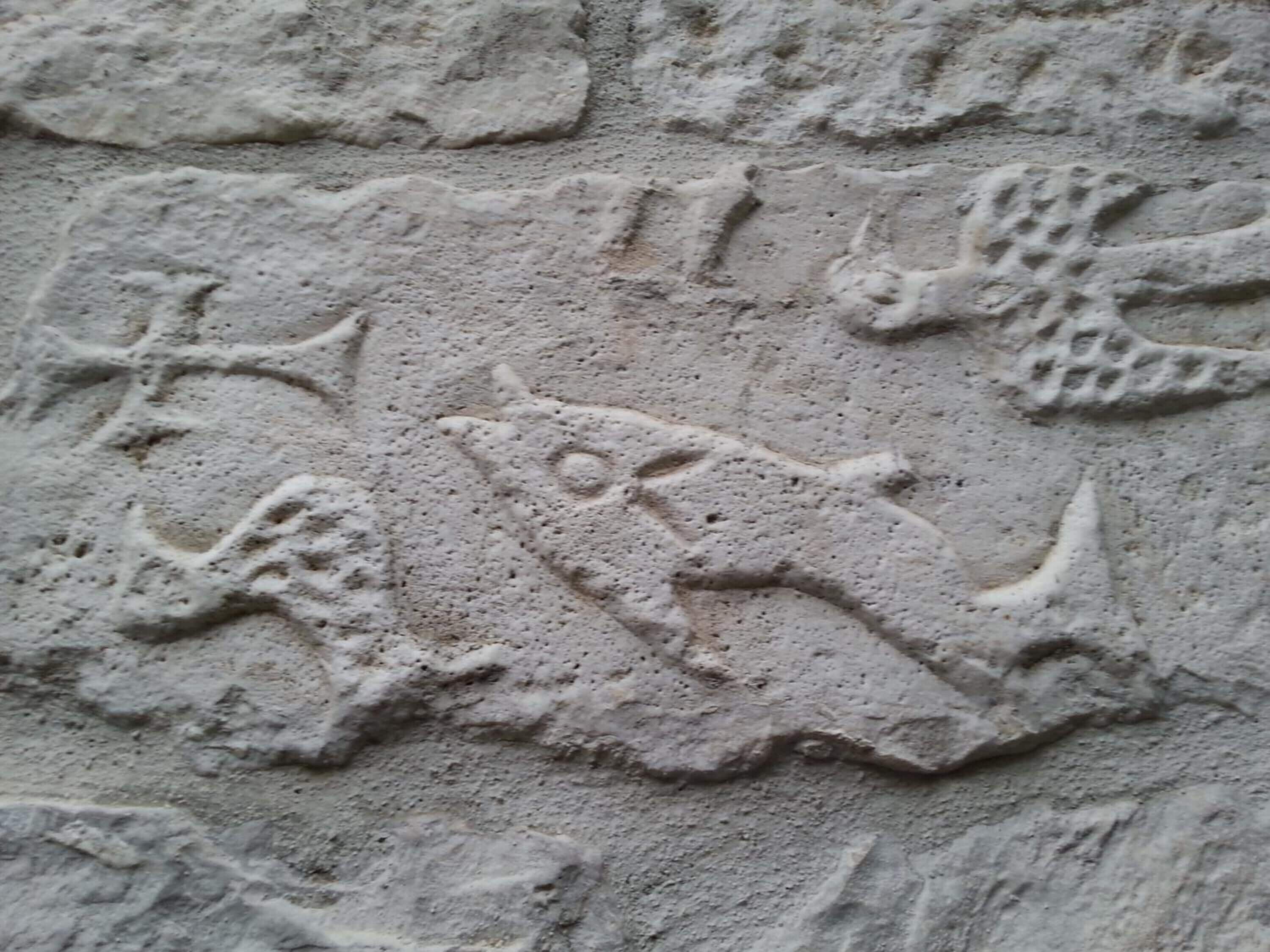 A stone wall with ancient carvings of a fish and a human figure.