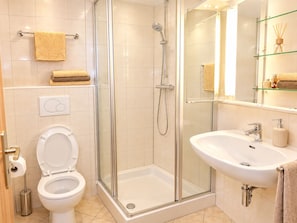 Un baño moderno con ducha envuelta en vidrio, un lavamanos blanco y un inodoro.
