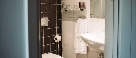 A modern bathroom with a toilet, sink, and a mirror.