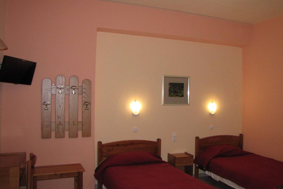 Una habitación con dos camas individuales, un adorno de pared de madera, un cuadro enmarcado y un televisor montado en la pared.