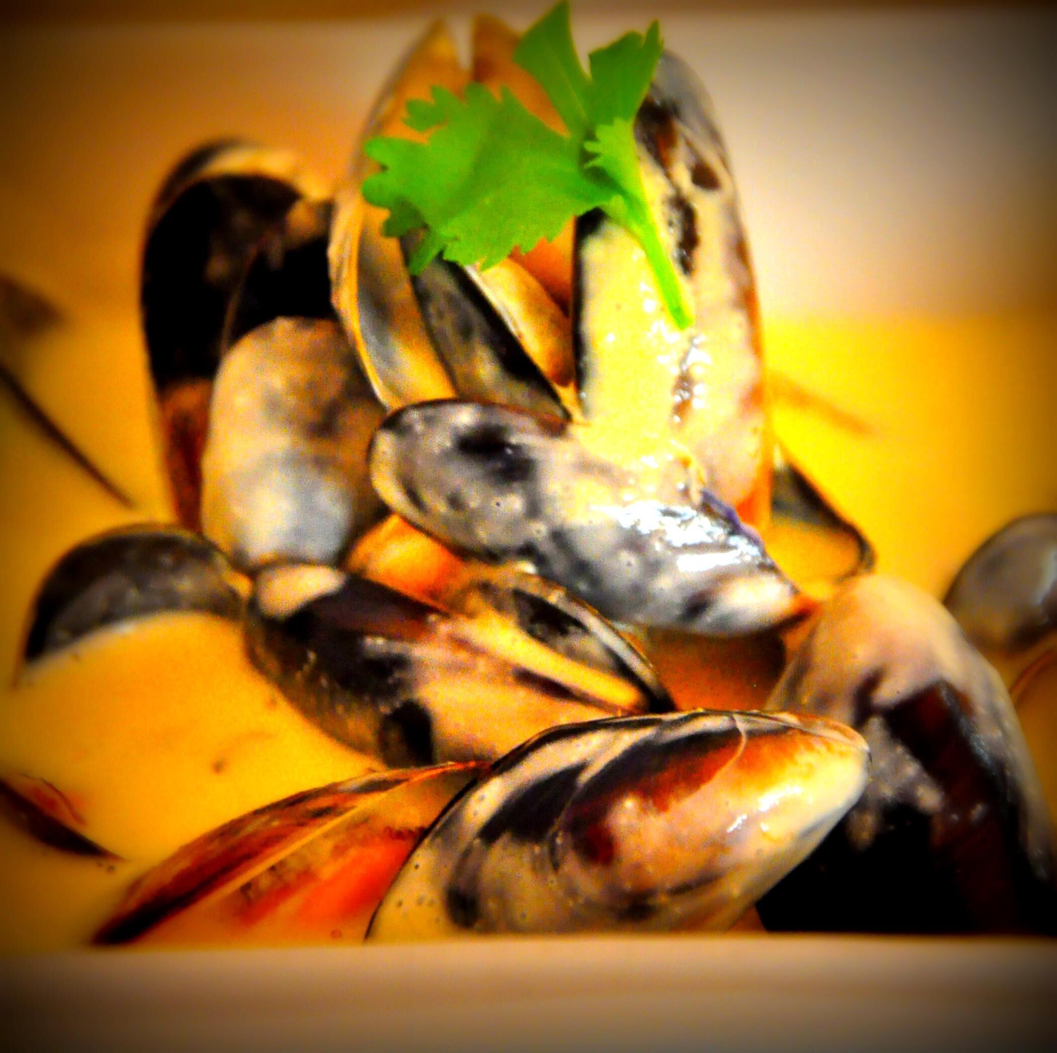 A close-up of mussels in a dish with a garnish of parsley.