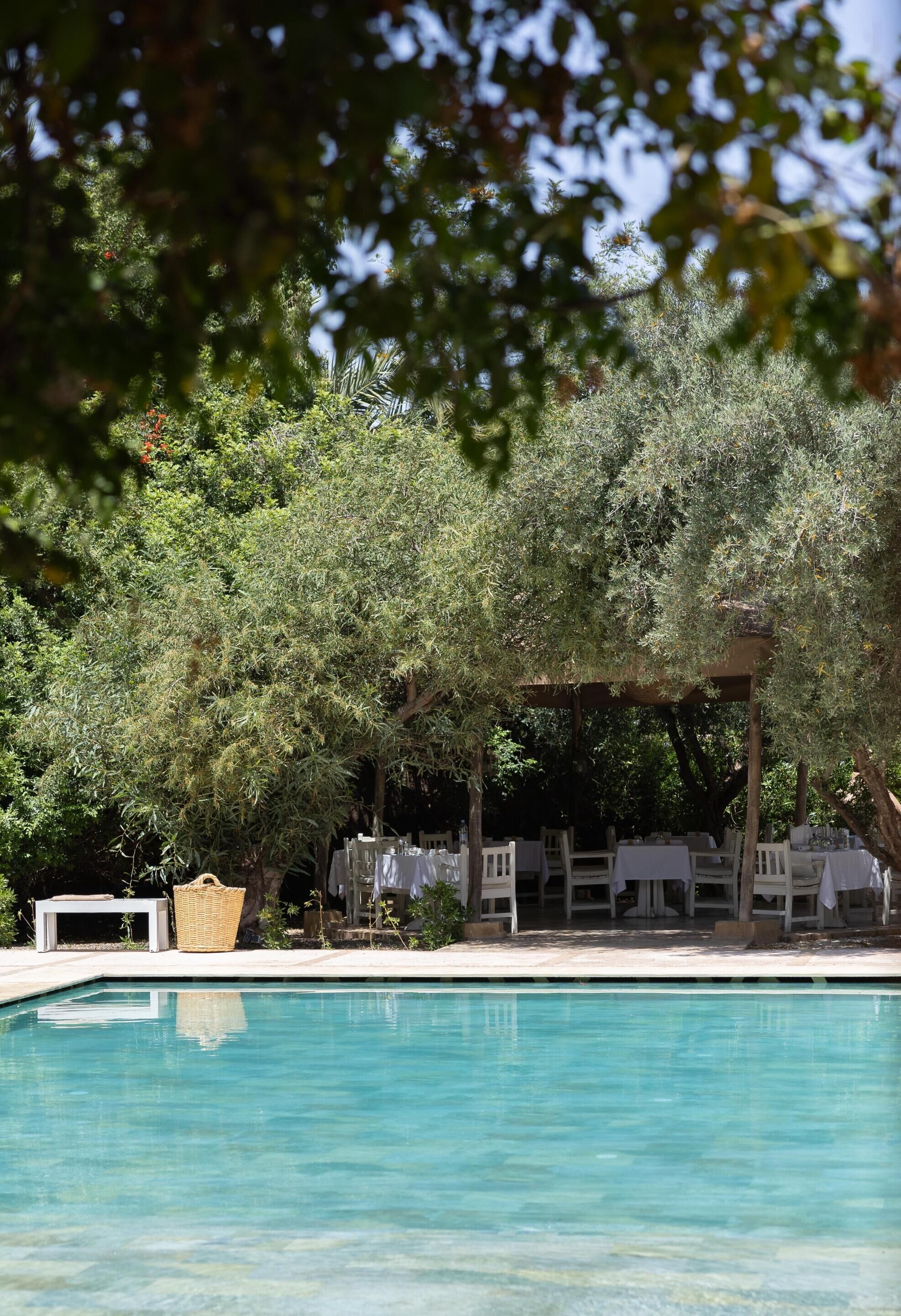 A pool area with a pergola, outdoor seating, and lush greenery.