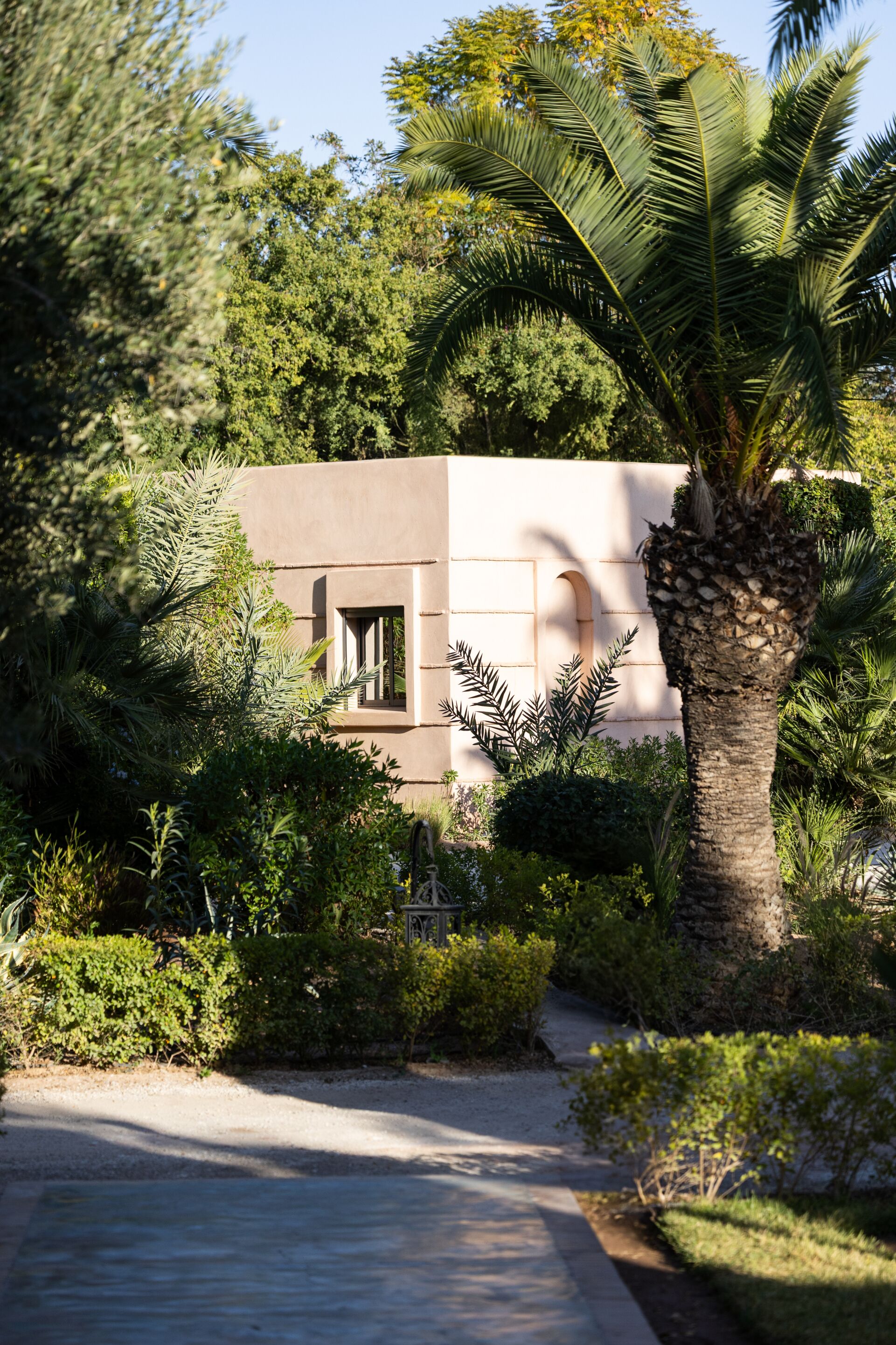 A building with a minimalist design, surrounded by lush greenery and a palm tree.