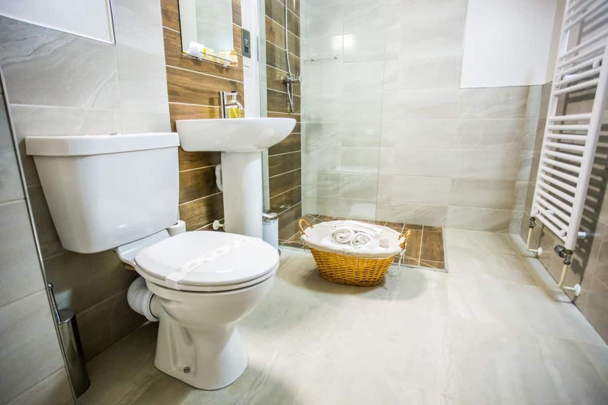 designer toiletries, hair dryer, towels