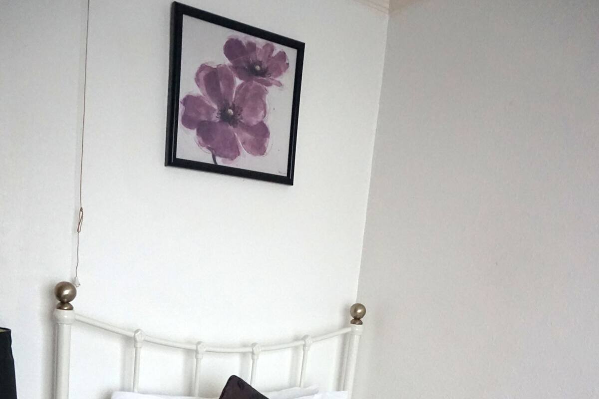 A neatly made bed with a white headboard, a single purple floral pillow, and a maroon blanket.