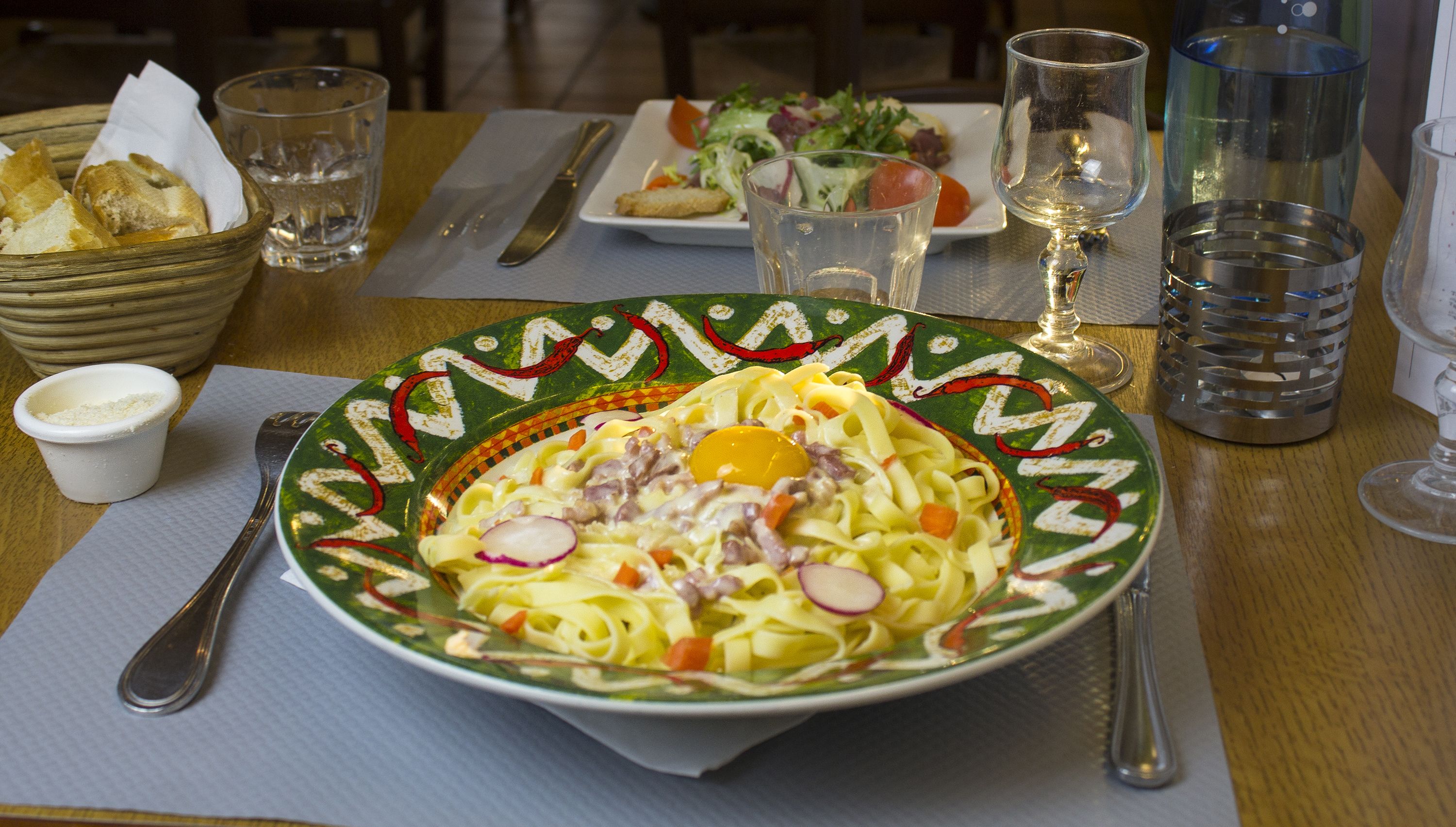 A dining table with a plate of pasta, a bowl of bread, a glass of water, and a glass of wine.