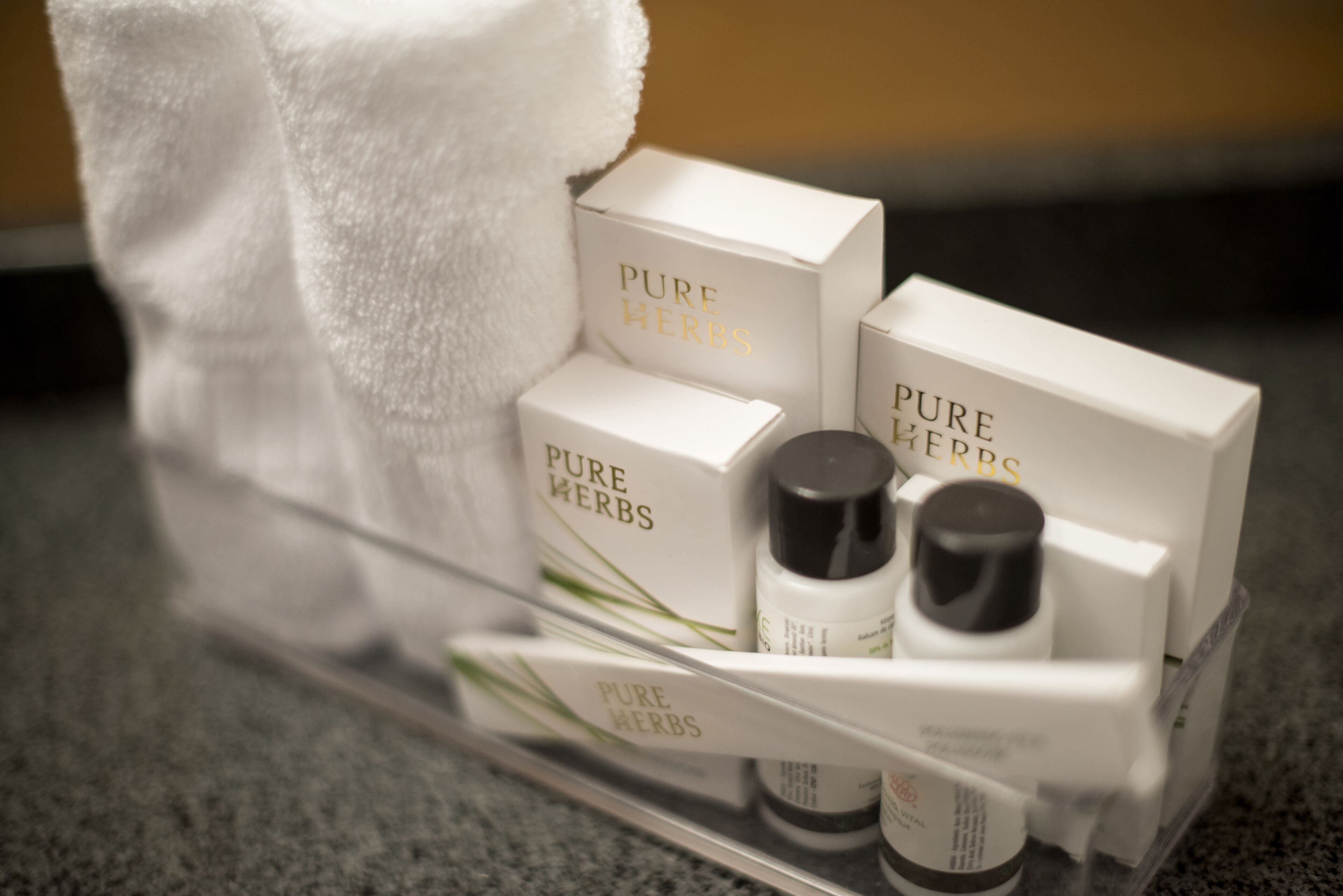 free toiletries, hair dryer, towels