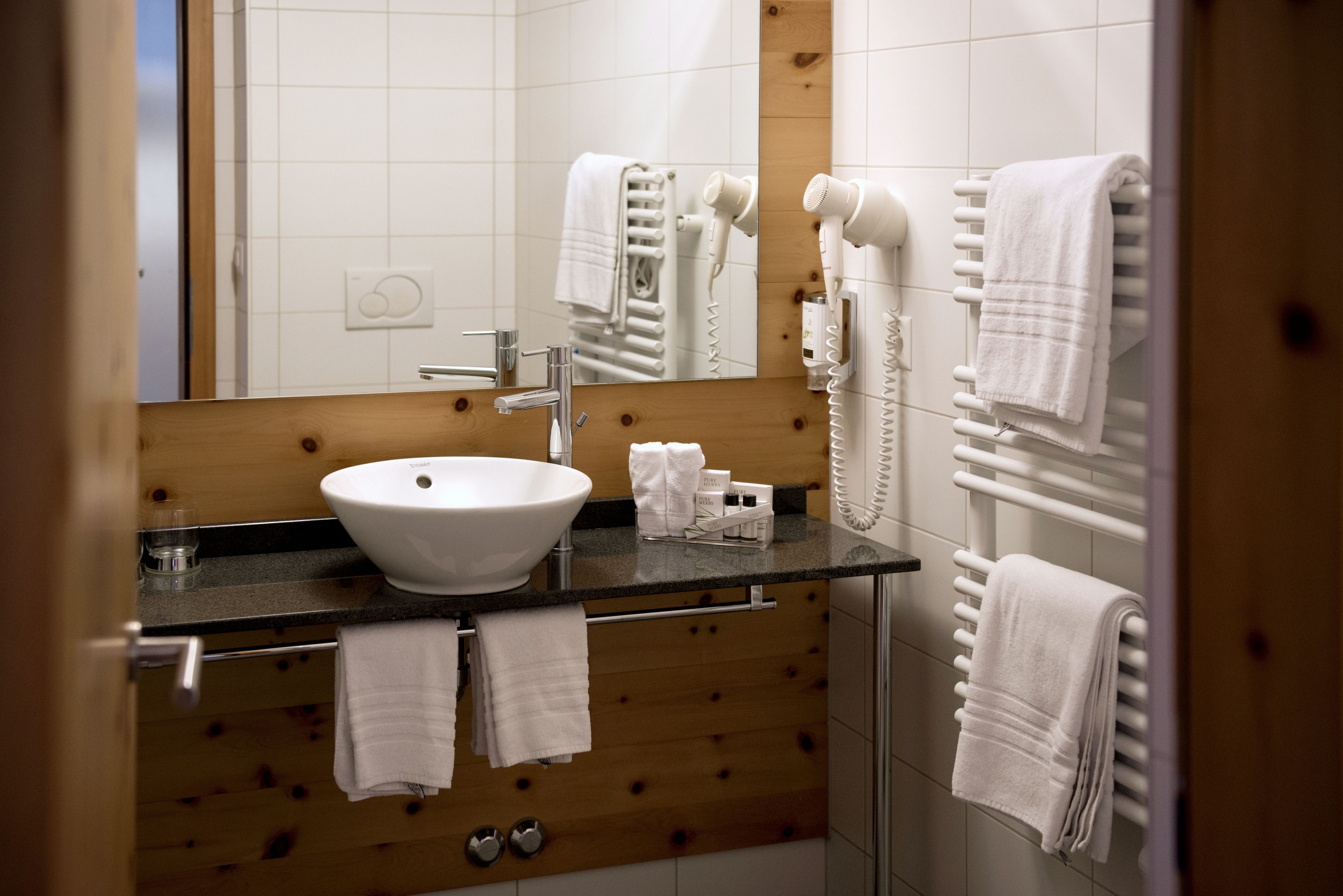 free toiletries, hair dryer, towels