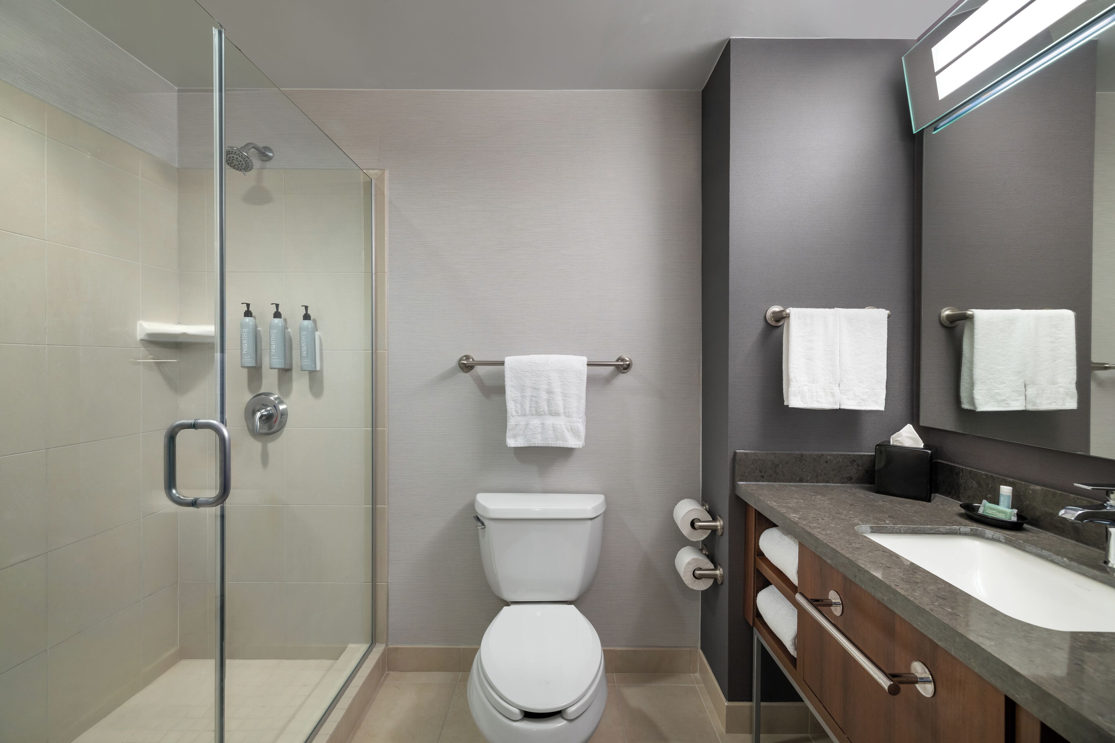 Une salle de bain moderne avec une douche à parois de verre, des toilettes, un lavabo et un miroir.