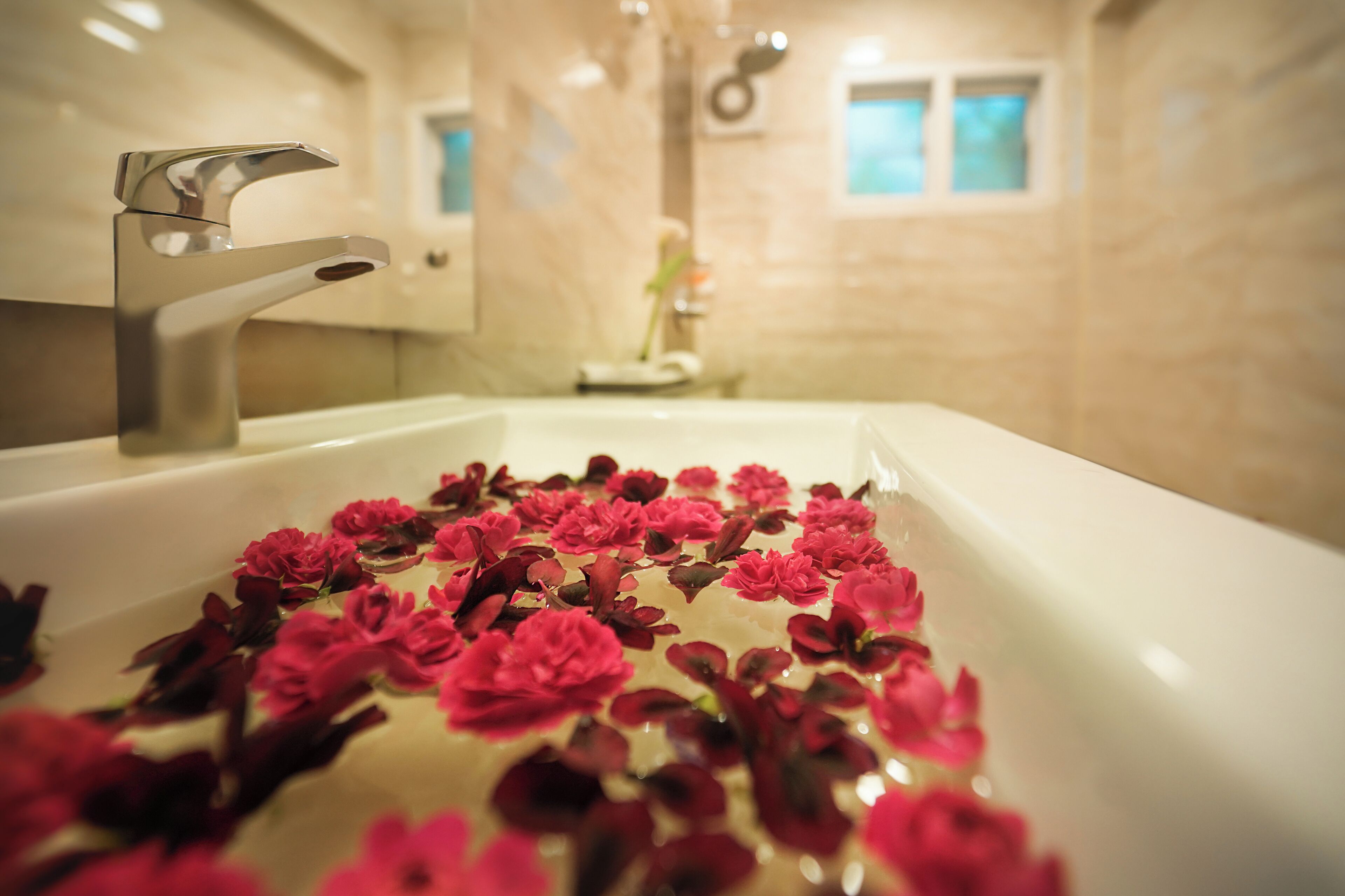 Douche, articles de toilette de luxe, serviettes fournies