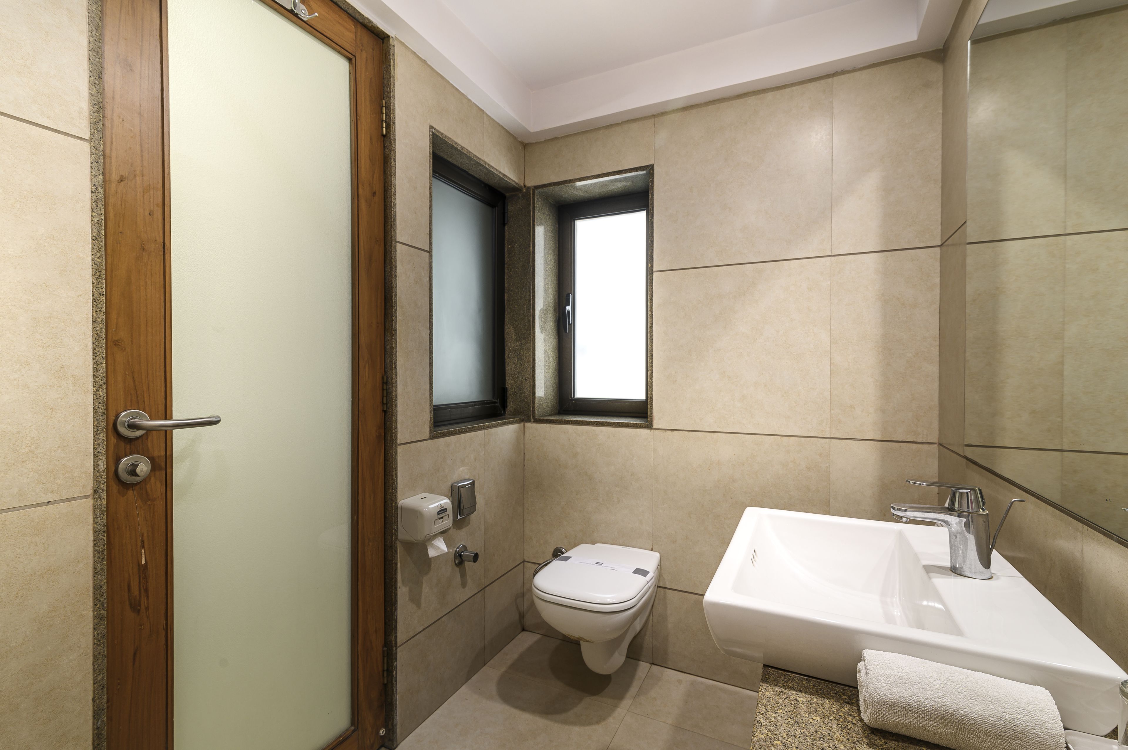 Shower, rainfall showerhead, designer toiletries, hair dryer