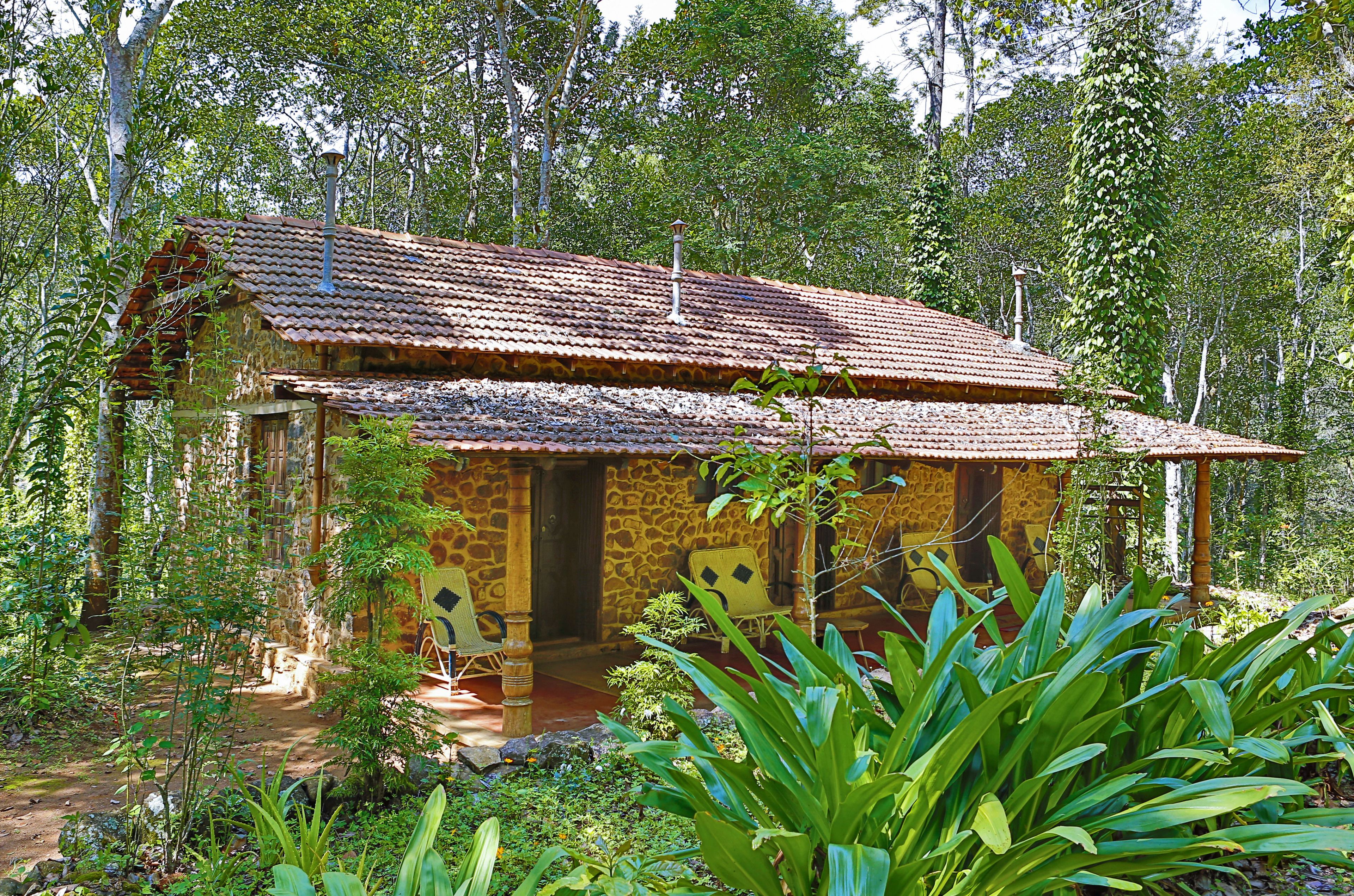 Uma casa de pedra rústica com telhado de telhas, rodeada por vegetação exuberante e árvores.