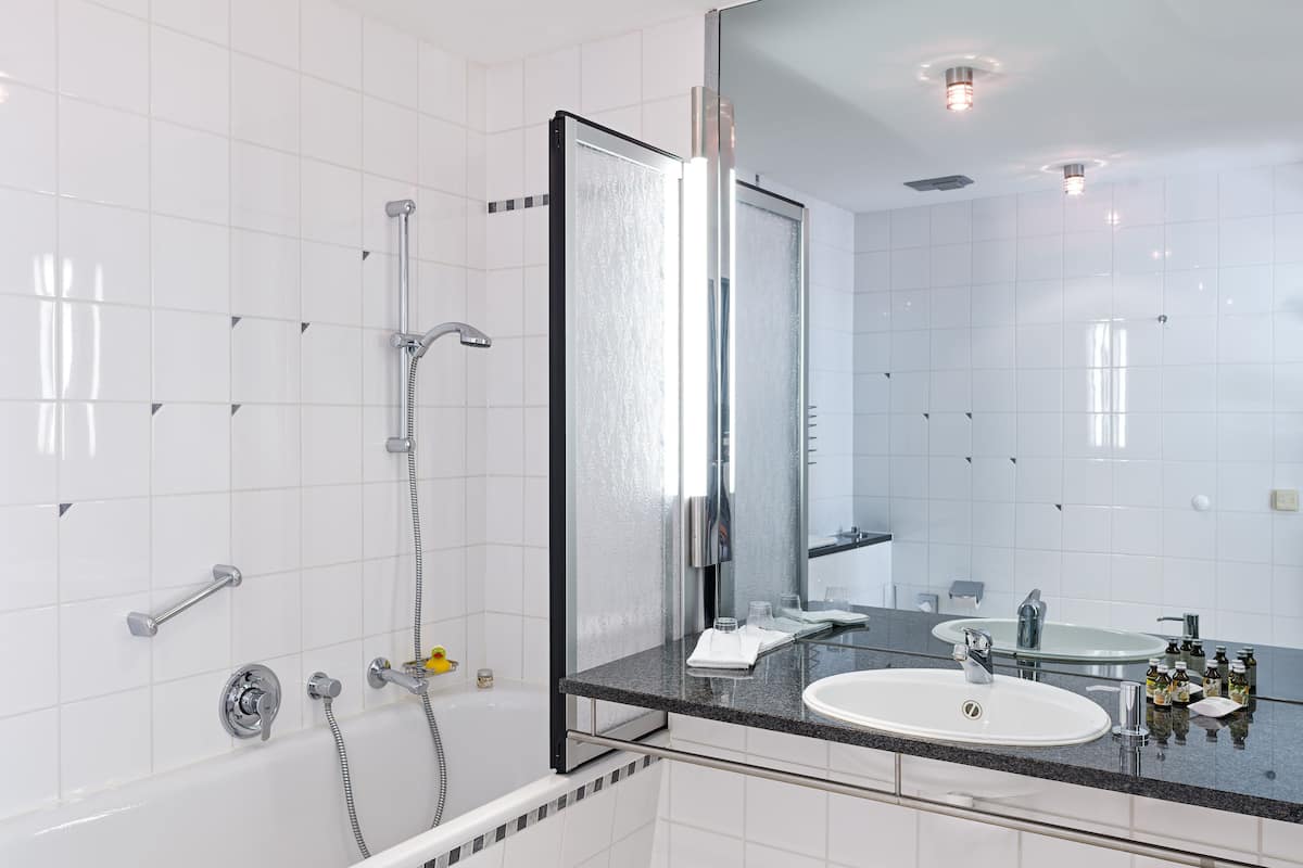 bathtub, free toiletries, hair dryer, bathrobes
