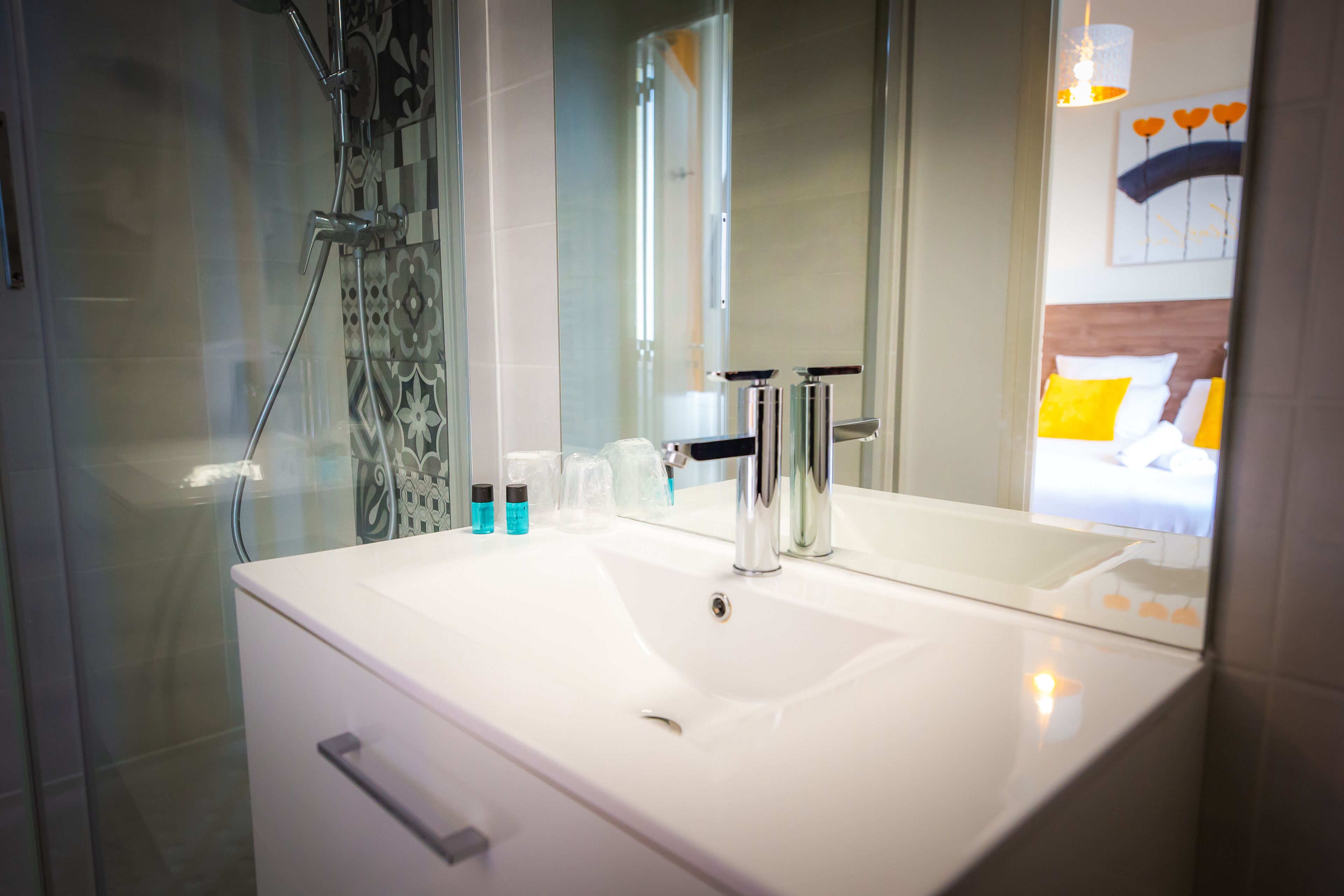 eco-friendly toiletries, hair dryer, towels, soap