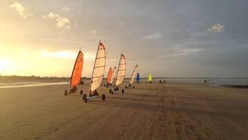 Een strand met verschillende windsurfplanken en zeilen.