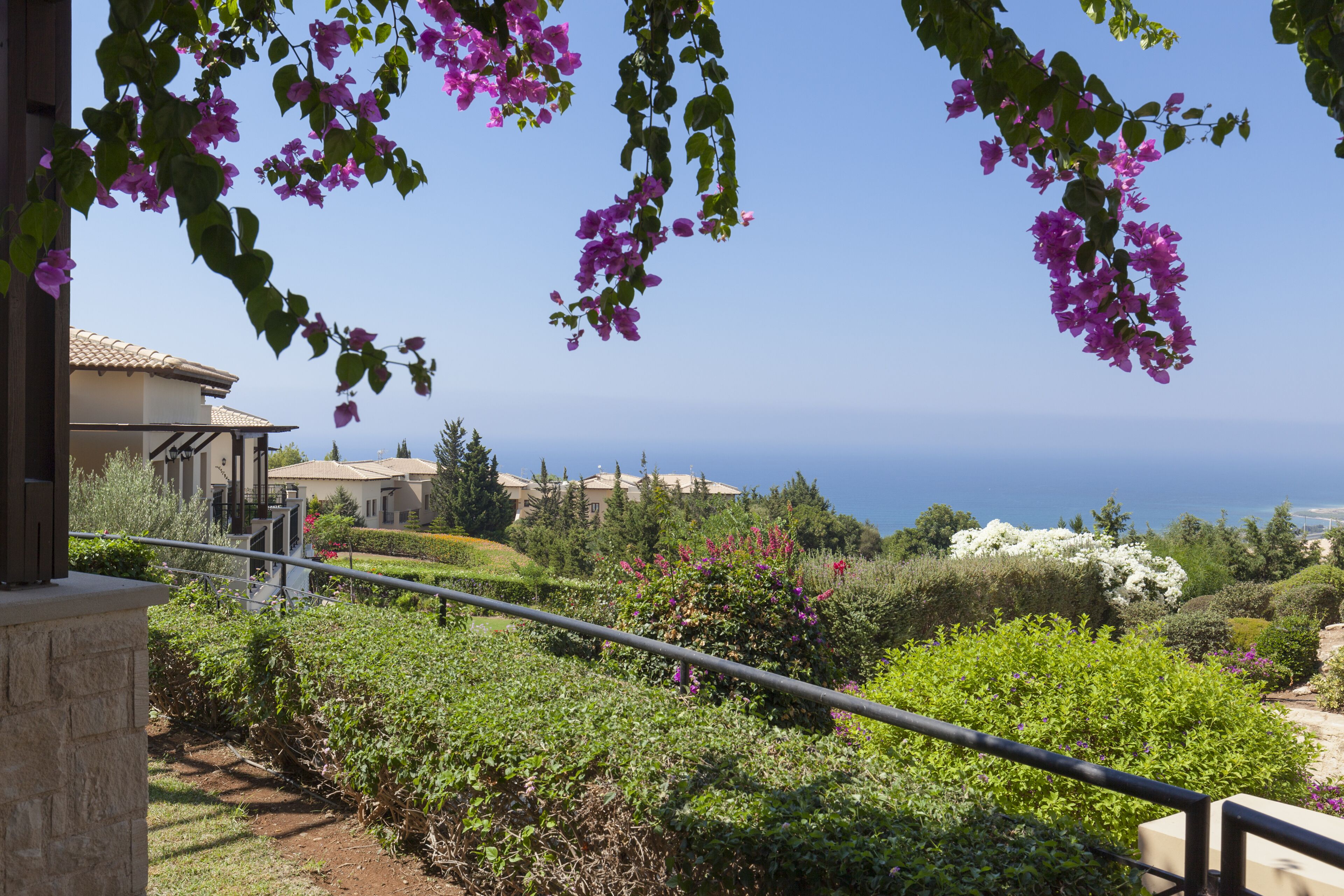 A garden with a view of the sea, a building with a tiled roof, and a metal railing.