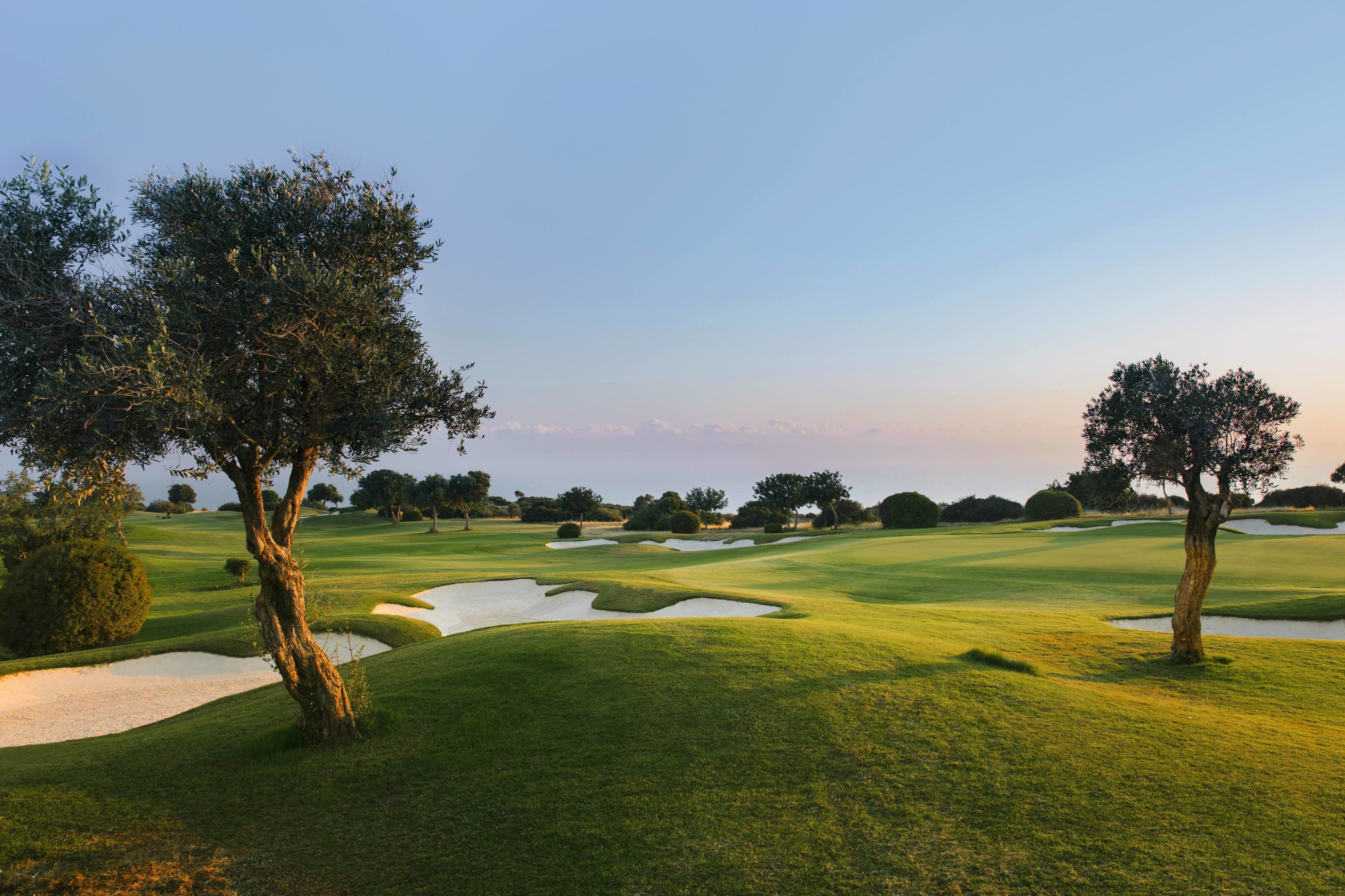 Un campo de golf con búnkeres de arena y árboles.