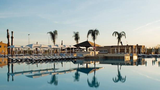 A pool area with lounge chairs and umbrellas, palm trees, and a building with a flat roof.