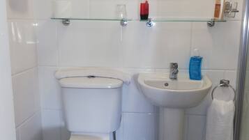 Ein Badezimmer mit Toilette, Waschbecken und einer Duschkabine aus Glas.