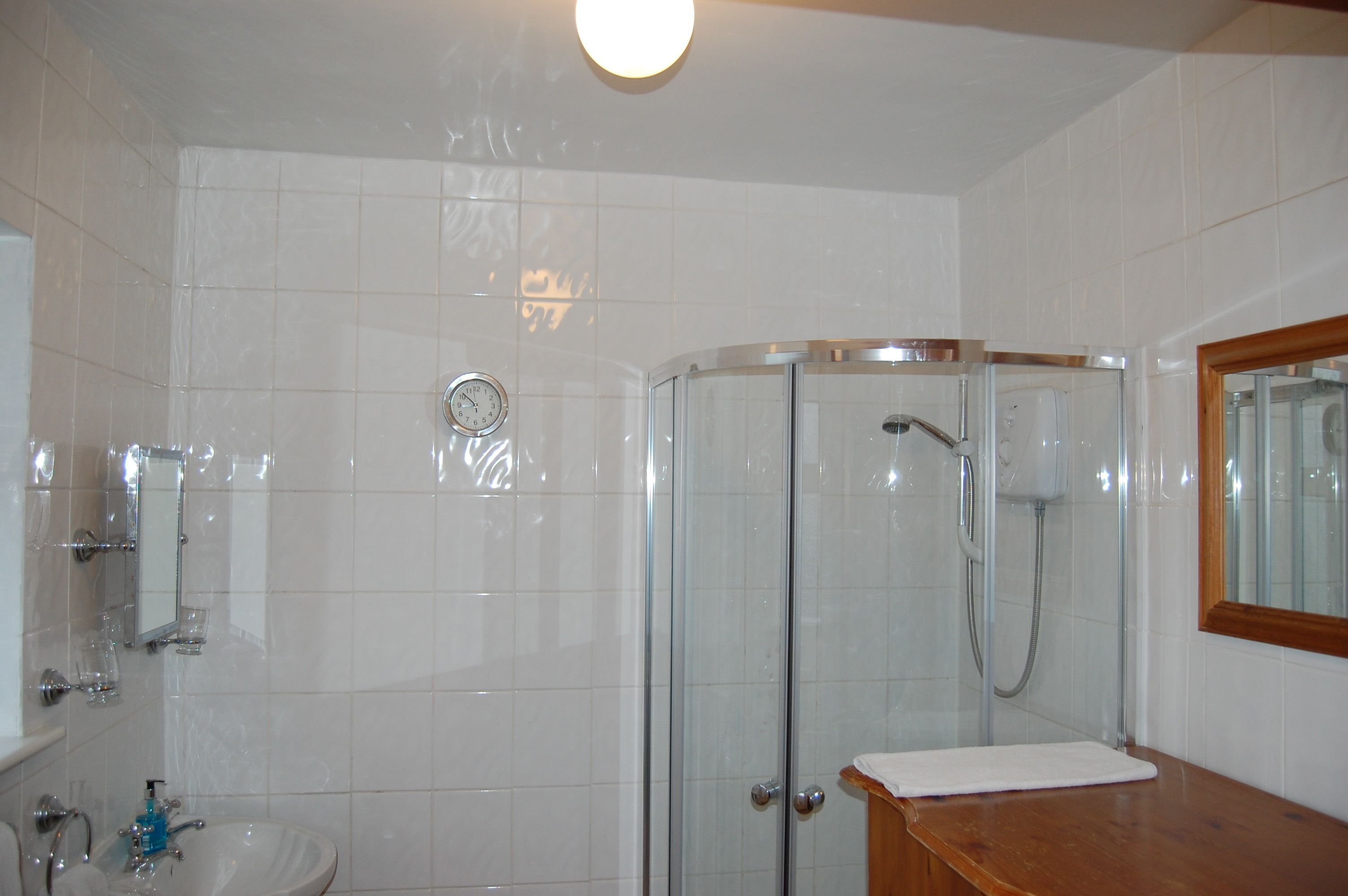 A bathroom with a glass-enclosed shower, a sink, a mirror, and a clock on the wall.