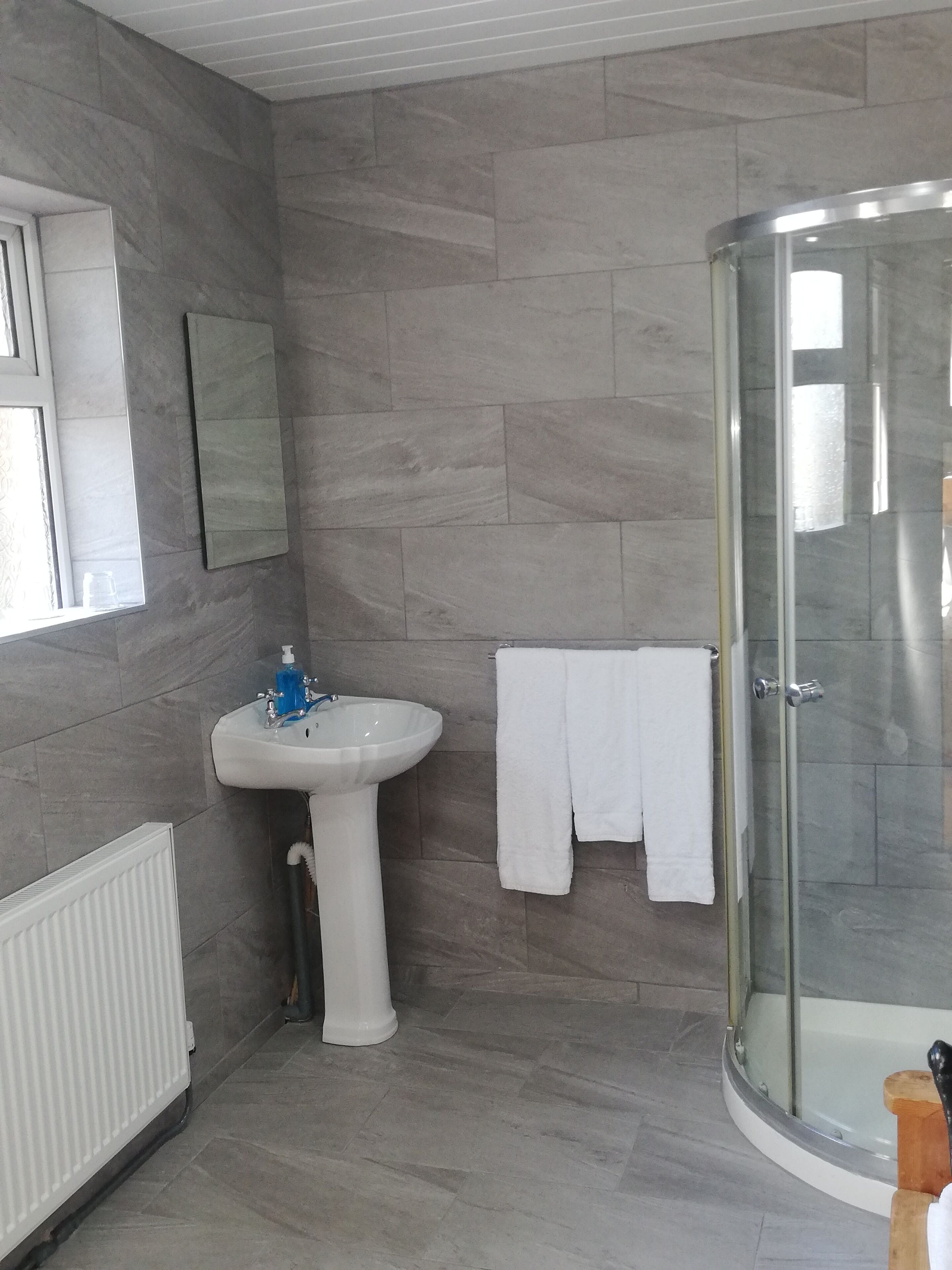 Une salle de bain avec un lavabo sur colonne blanc, une cabine de douche en verre et une serviette blanche accrochée au mur.