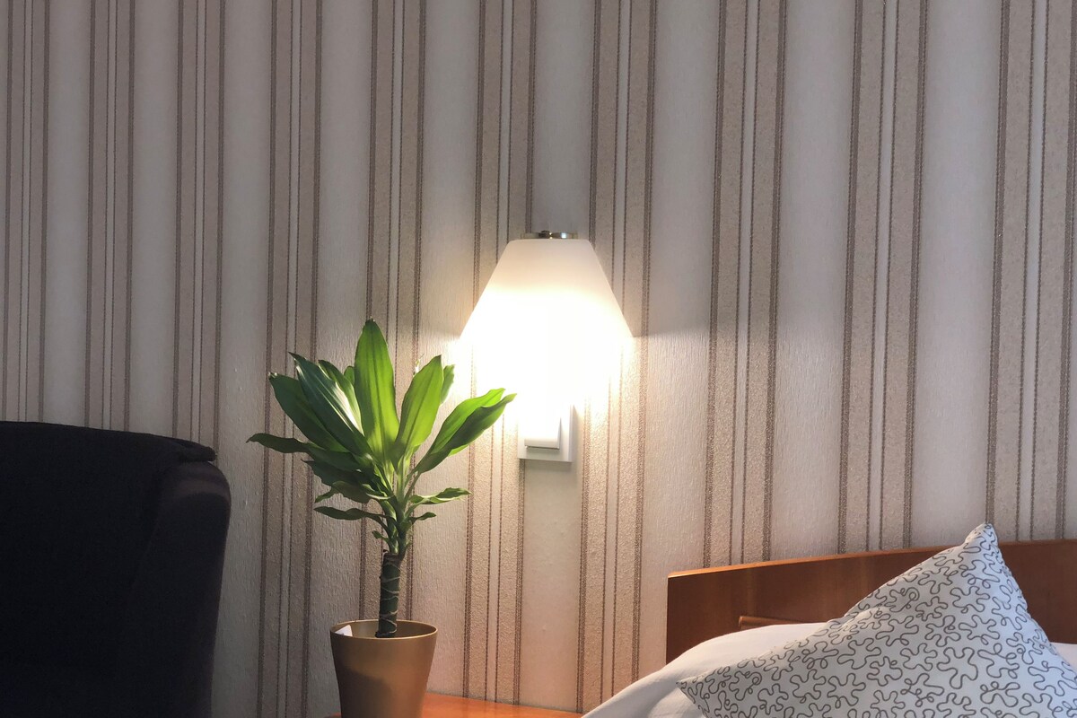 A hotel room with a striped wallpaper, a bedside table with a potted plant, a lamp, and a patterned pillow.