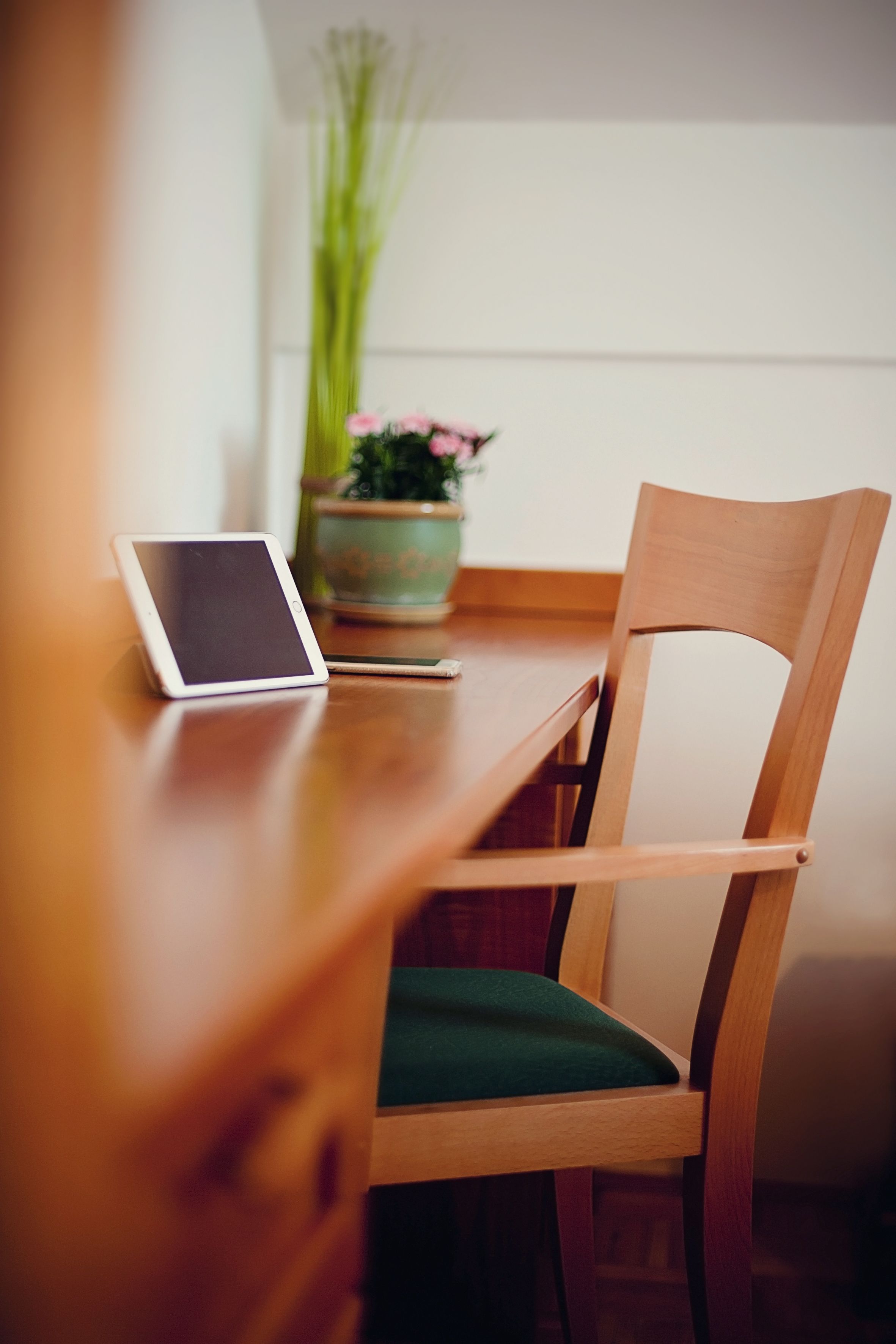 A wooden table with a tablet and a potted plant.