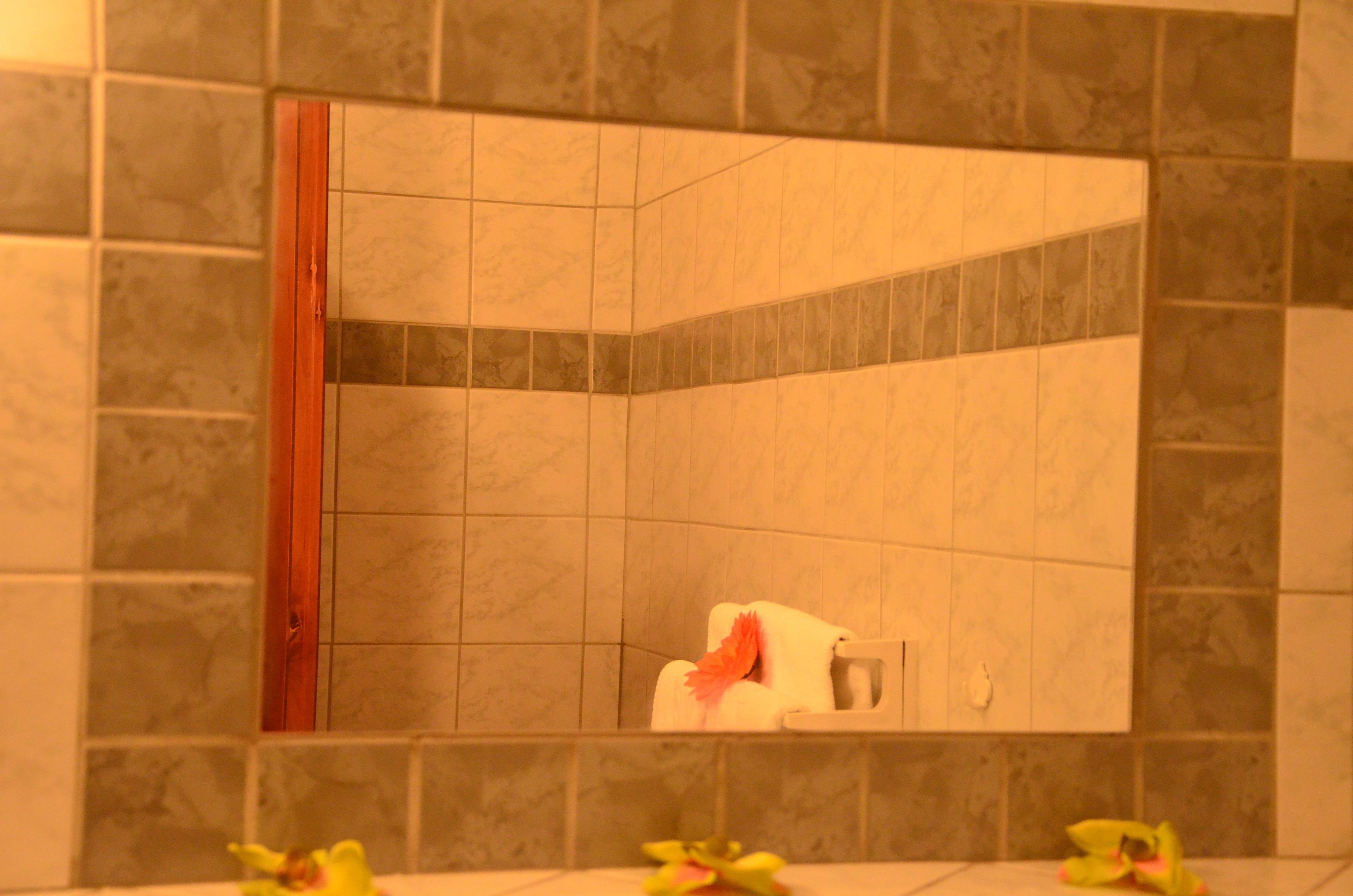 Un baño con ducha en esquina, paredes de azulejos y una puerta de madera.