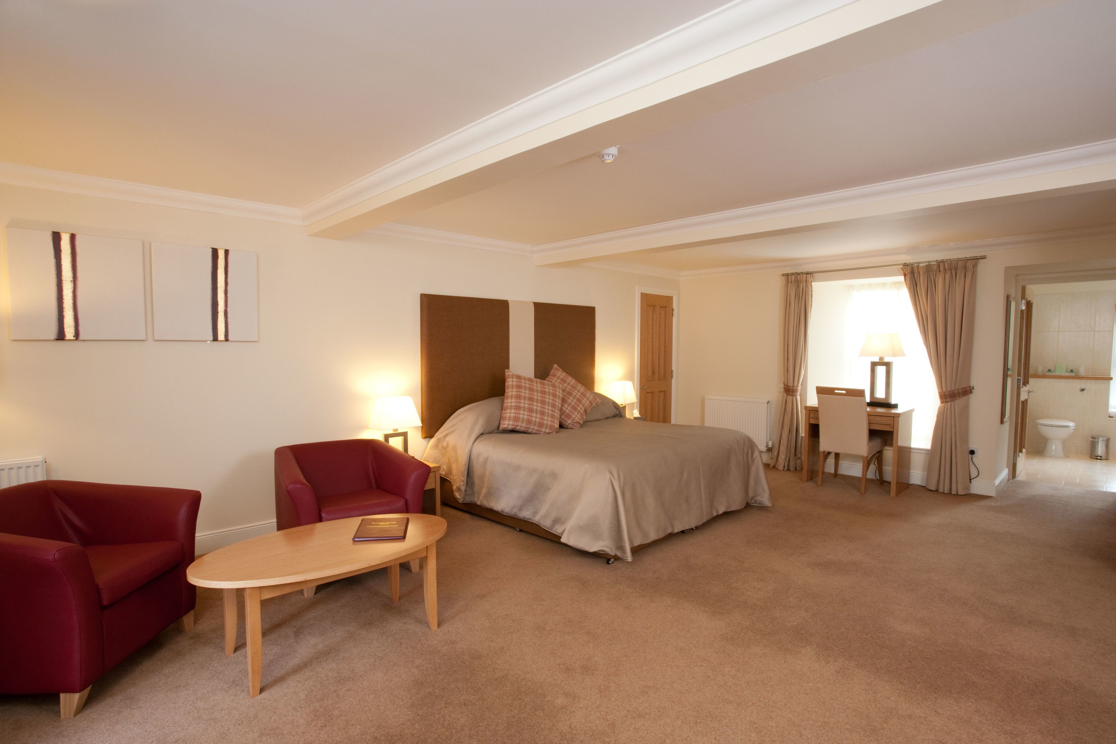 A hotel room with a bed, a desk, a chair, and a sofa.