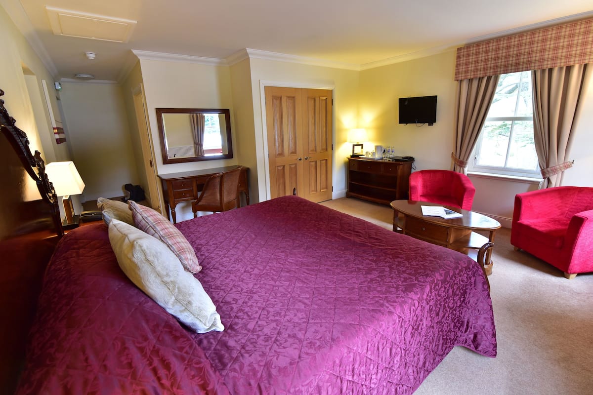 A hotel room with a large bed, a desk, a chair, a TV, and a window with curtains.