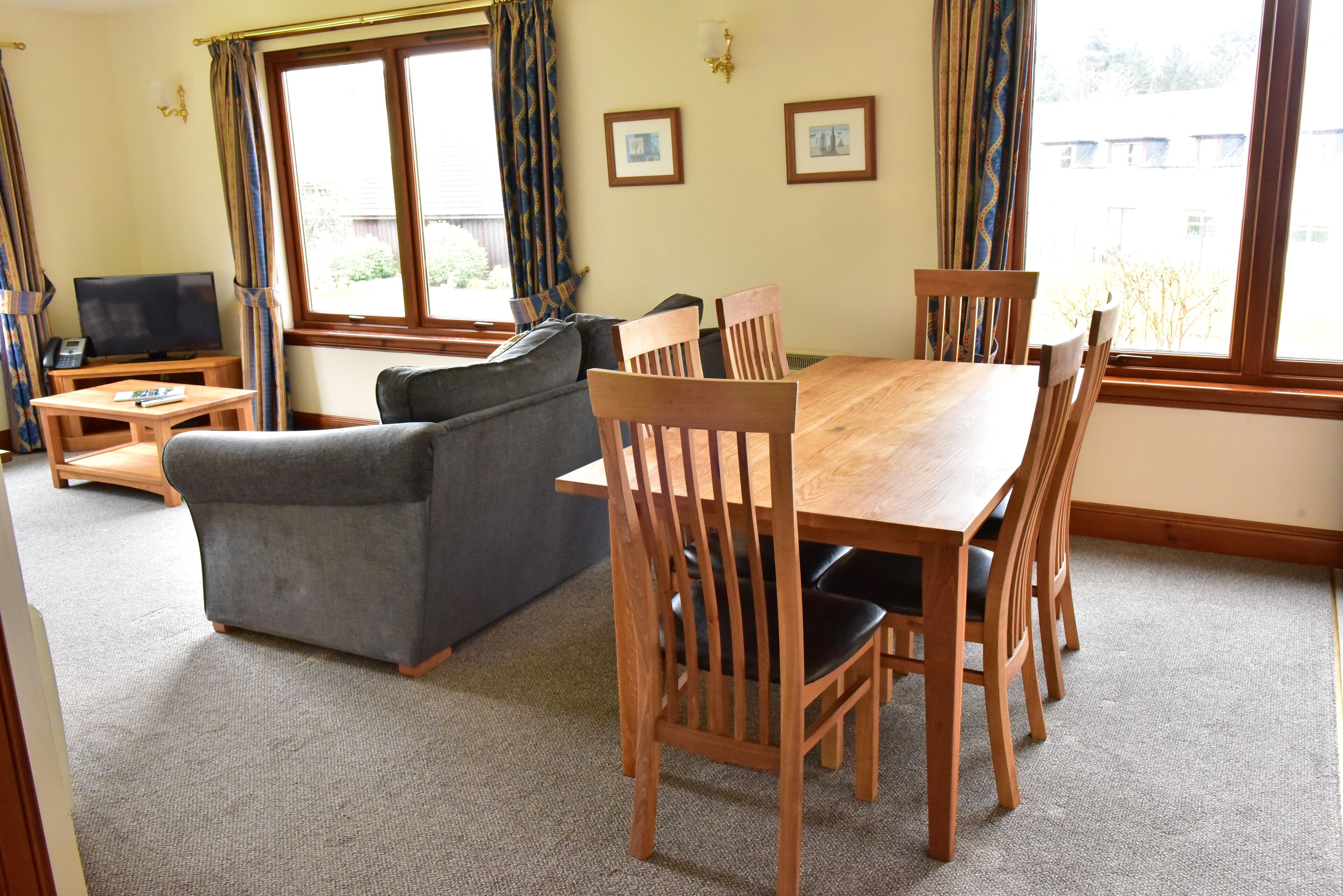 A living room with a grey sofa, wooden dining table, and chairs. There is a television on a wooden stand and a window with curtains.