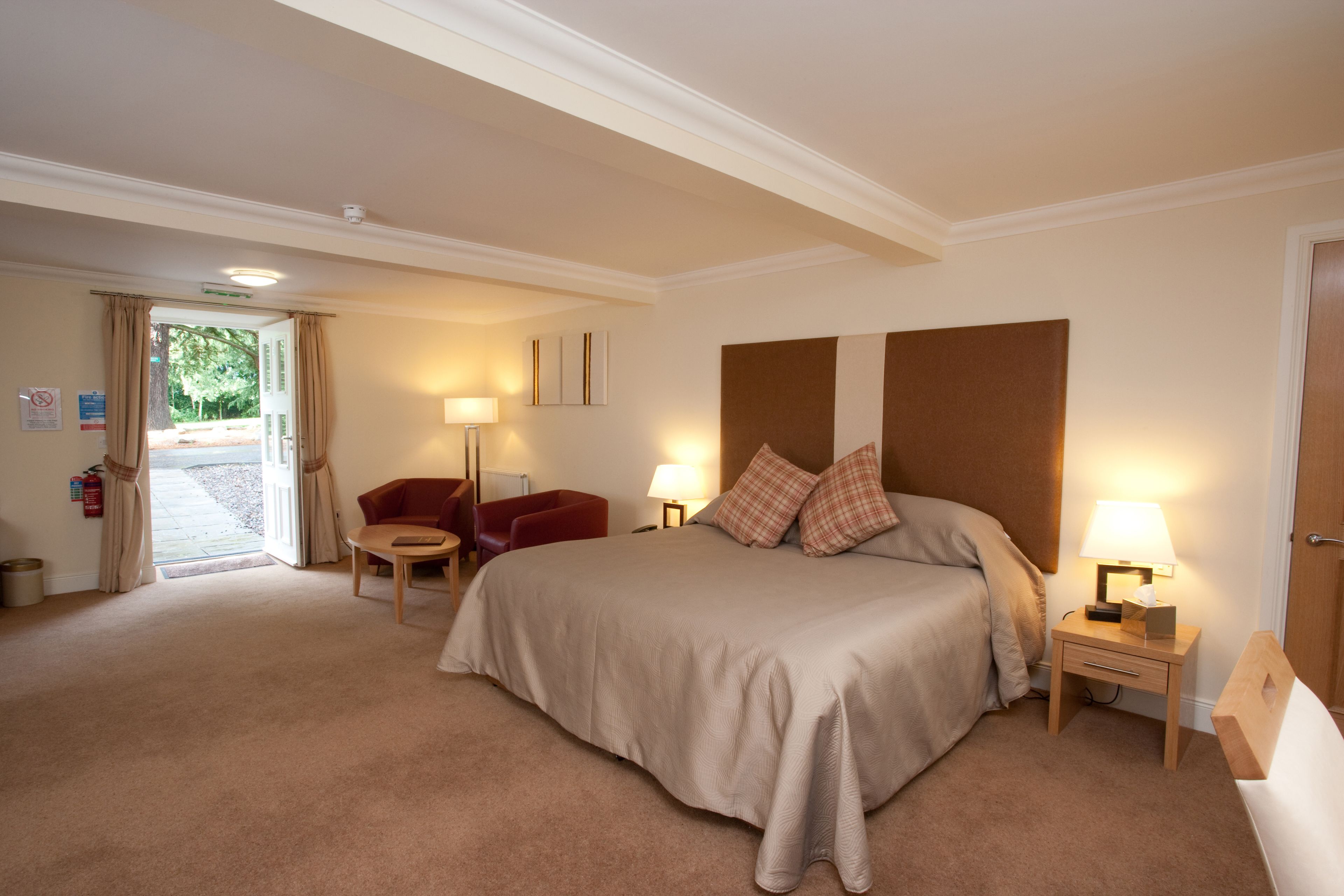 A hotel room with a large bed, a bedside table with a lamp, a chair, and a door leading outside.