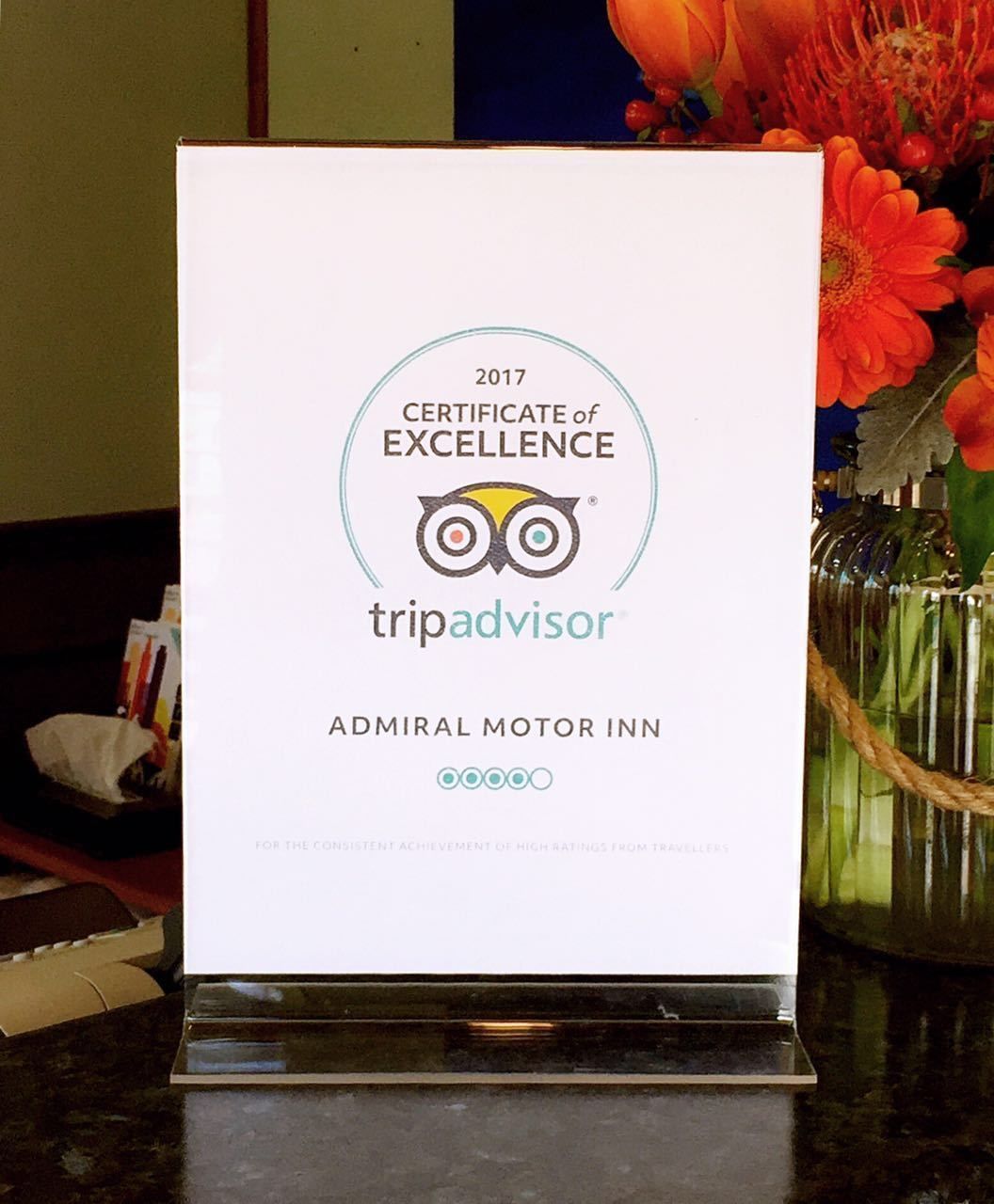 A certificate of excellence from TripAdvisor for the Admiral Motor Inn, 2017.