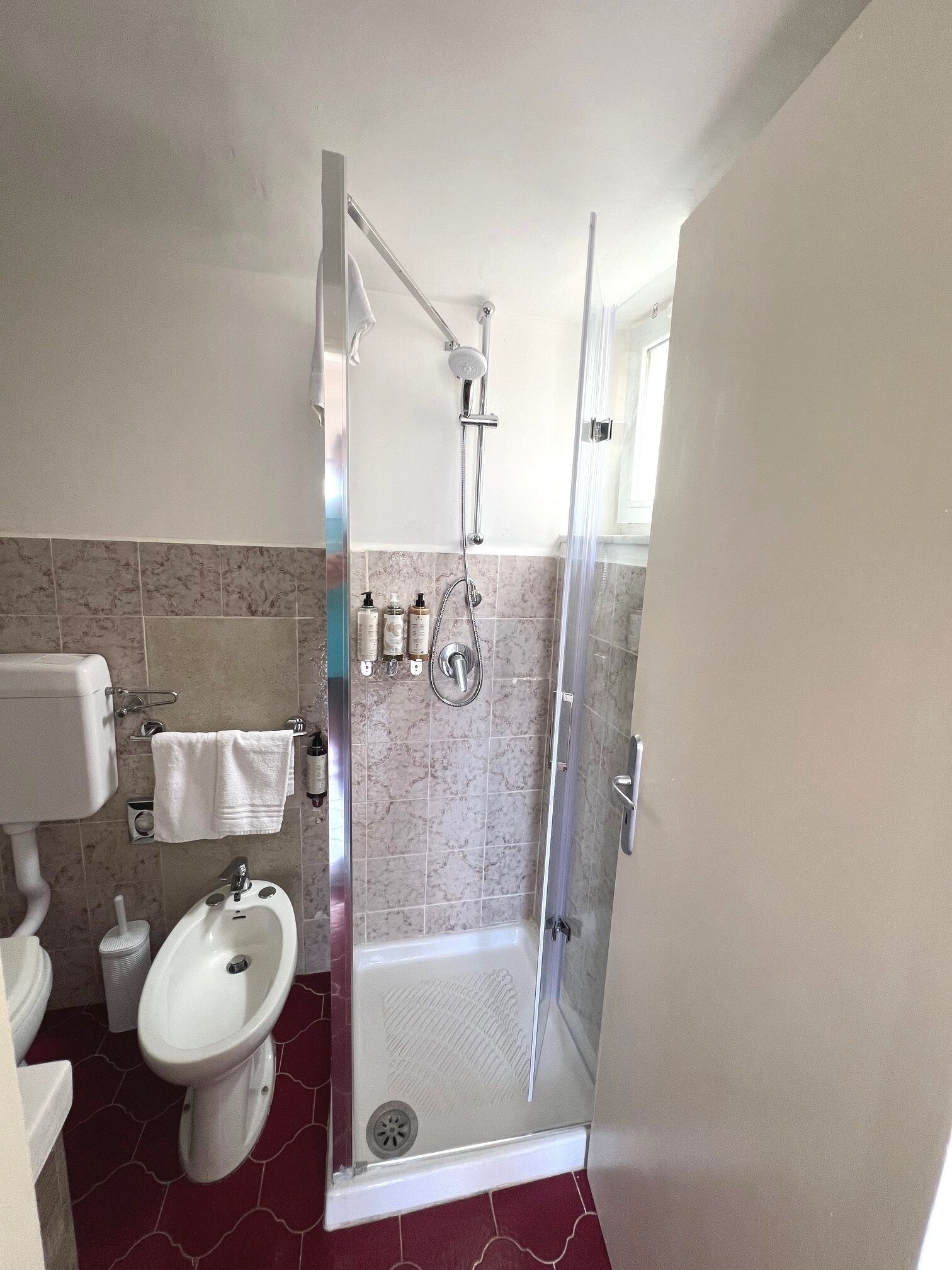 A modern bathroom with a glass-enclosed shower, a white sink, and a bidet.