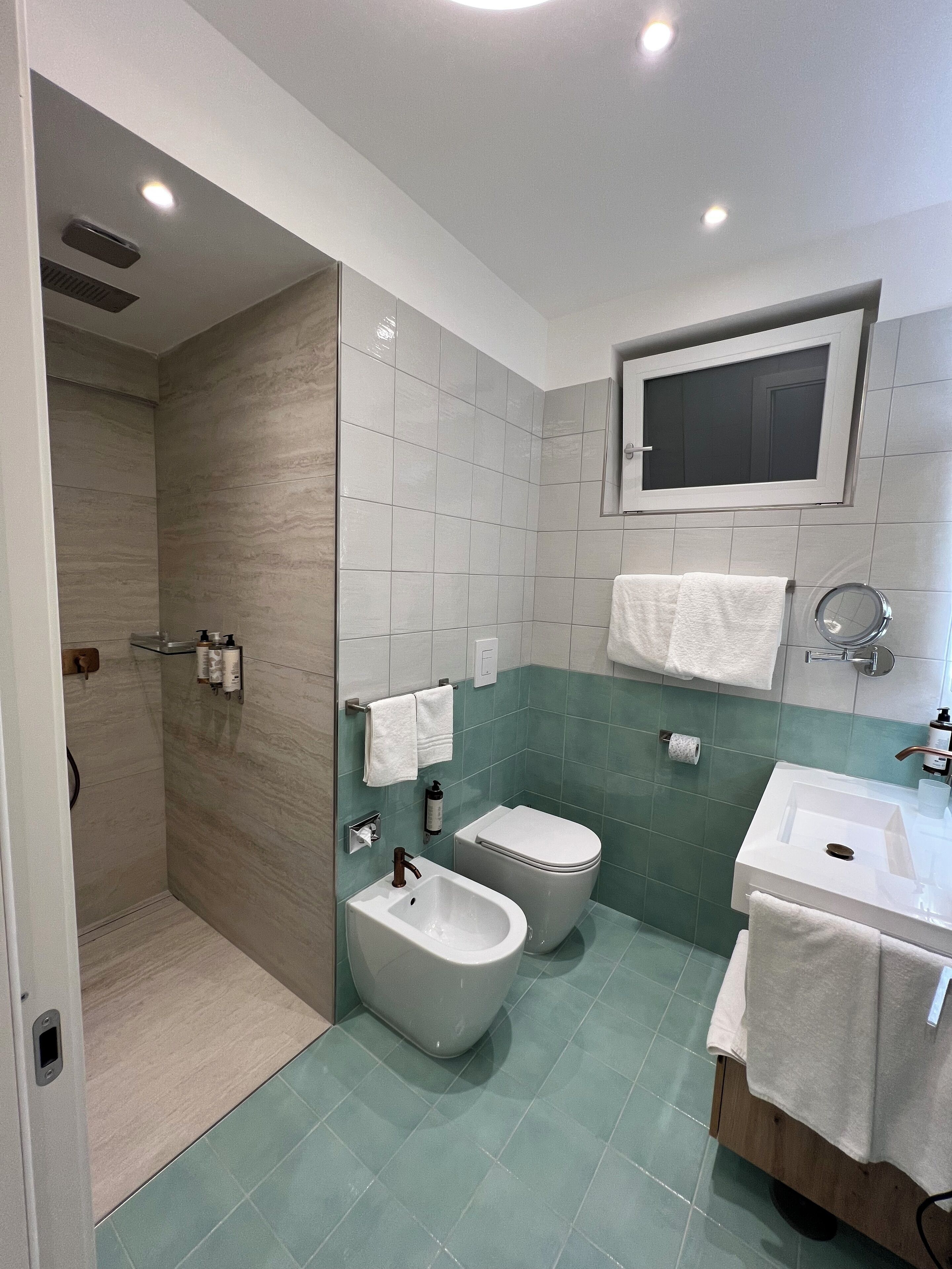 A modern bathroom with a shower, bidet, toilet, and sink.
