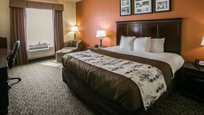 A hotel room with a large bed, two bedside tables, a desk, a chair, and a window with curtains. - Sleep Inn & Suites Highway 290/NW Freeway (Houston)