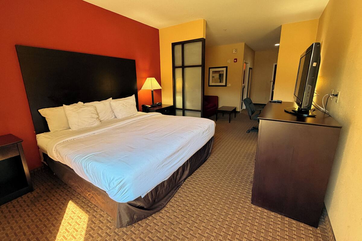 A hotel room with a large bed, a desk, a chair, a TV, and a lamp.