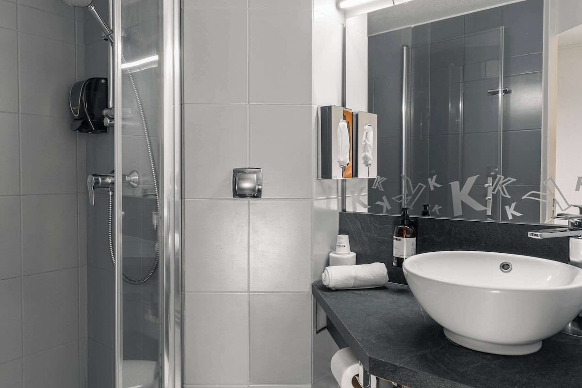 shower, eco-friendly toiletries, hair dryer, towels