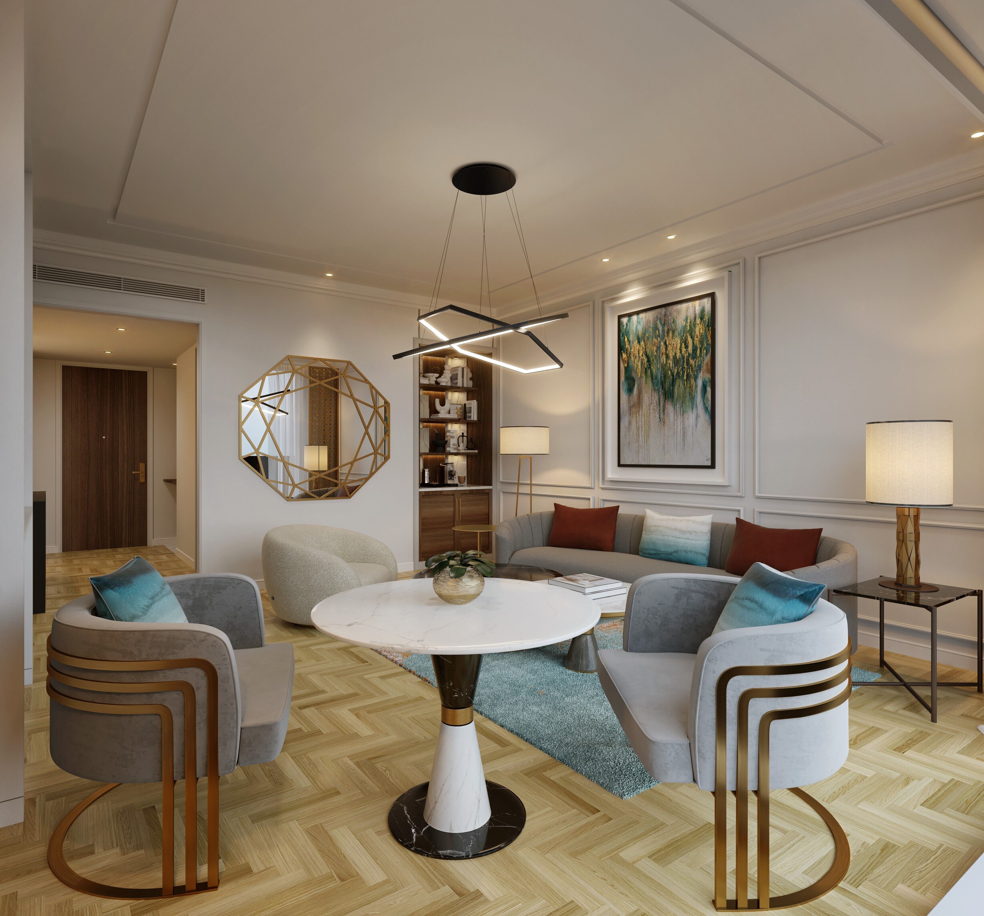 A modern living room with a round table, sofas, and a bookshelf.