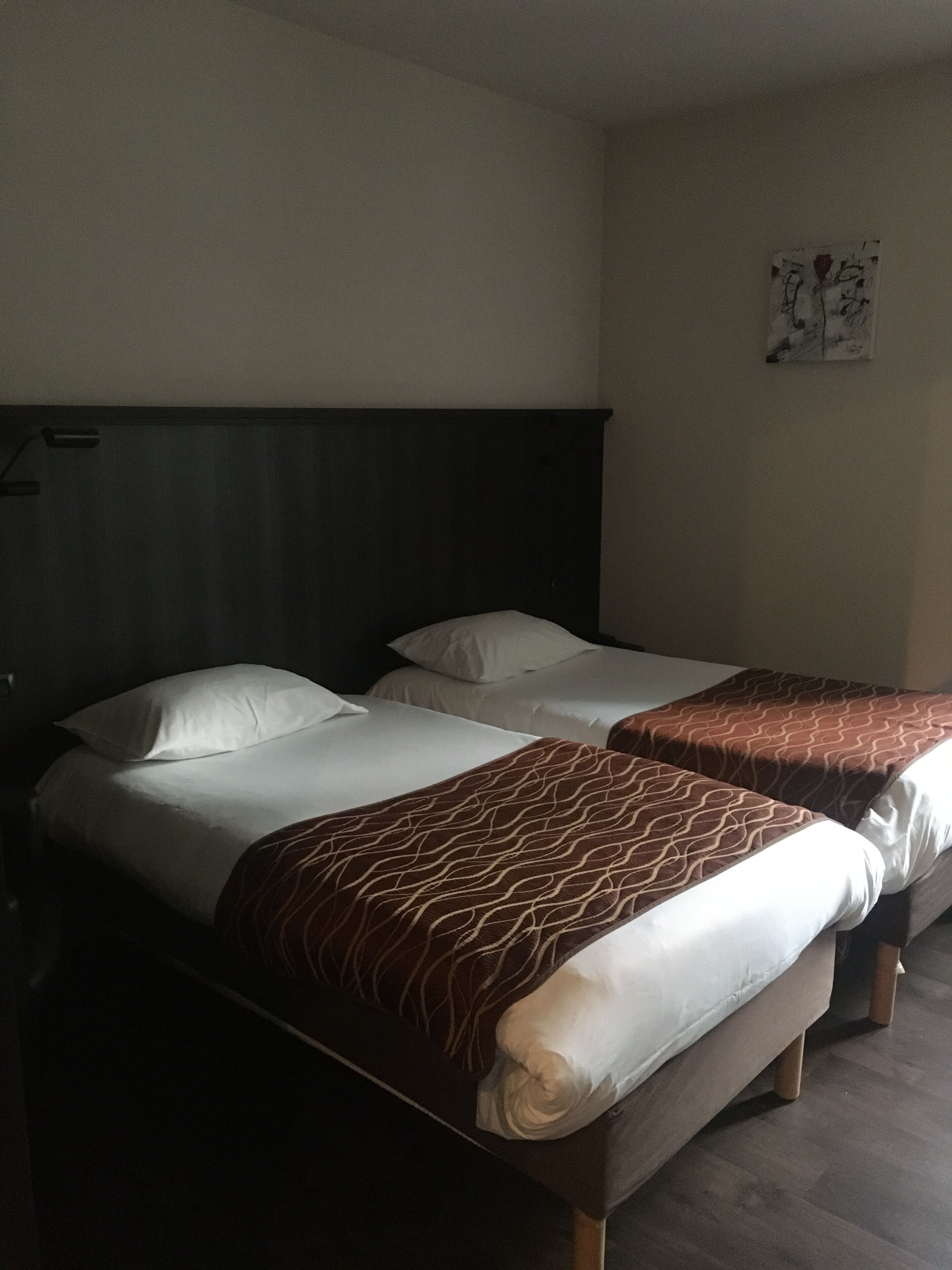 Two single beds with dark headboards and white bedding, a small wall art piece, and a wooden floor.