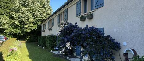 A building with a garden, including roses and a tree.