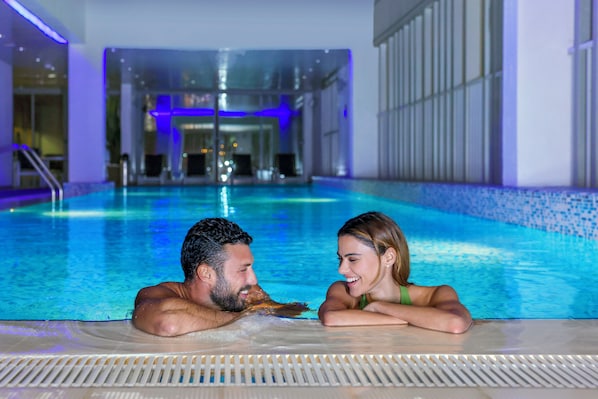 Indoor pool, open 9:00 AM to 7:00 PM, sun loungers, lifeguards on site