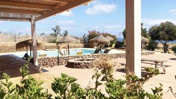 Seasonal outdoor pool, open 9:00 AM to 9:00 PM, pool umbrellas