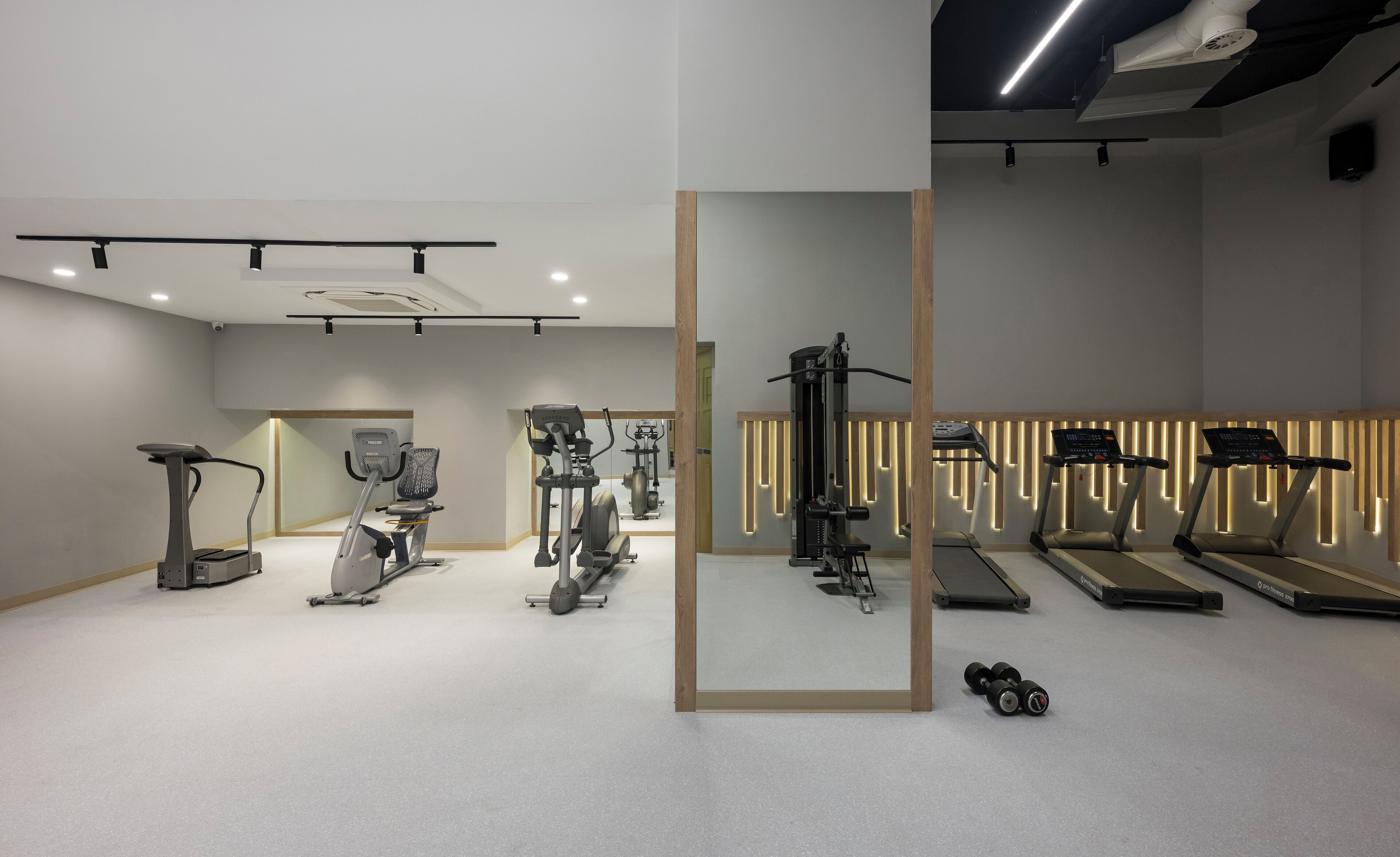 Een moderne sportschool met loopbanden, elliptische trainers en een gewichtbank.