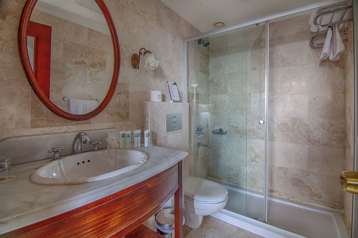 A bathroom with a marble sink, a toilet, a glass shower enclosure, and a mirror with a wooden frame.