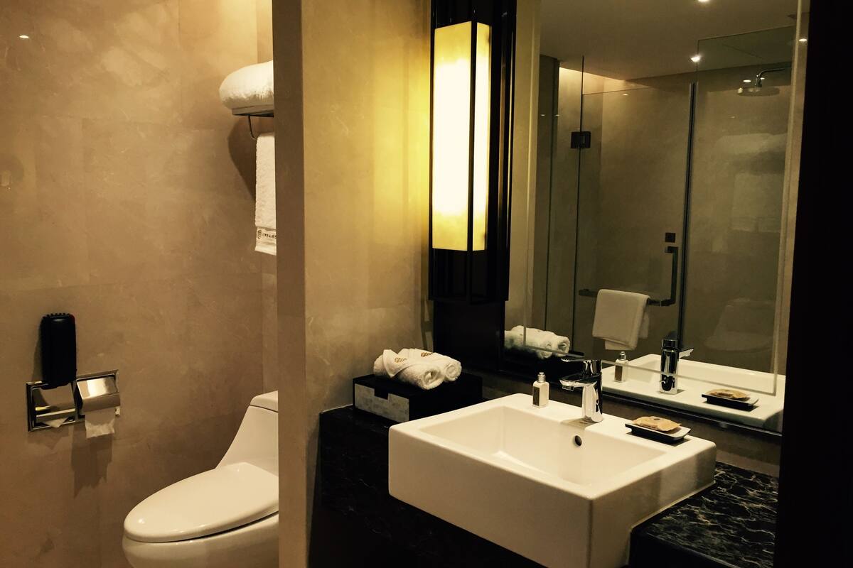 designer toiletries, hair dryer, slippers, towels